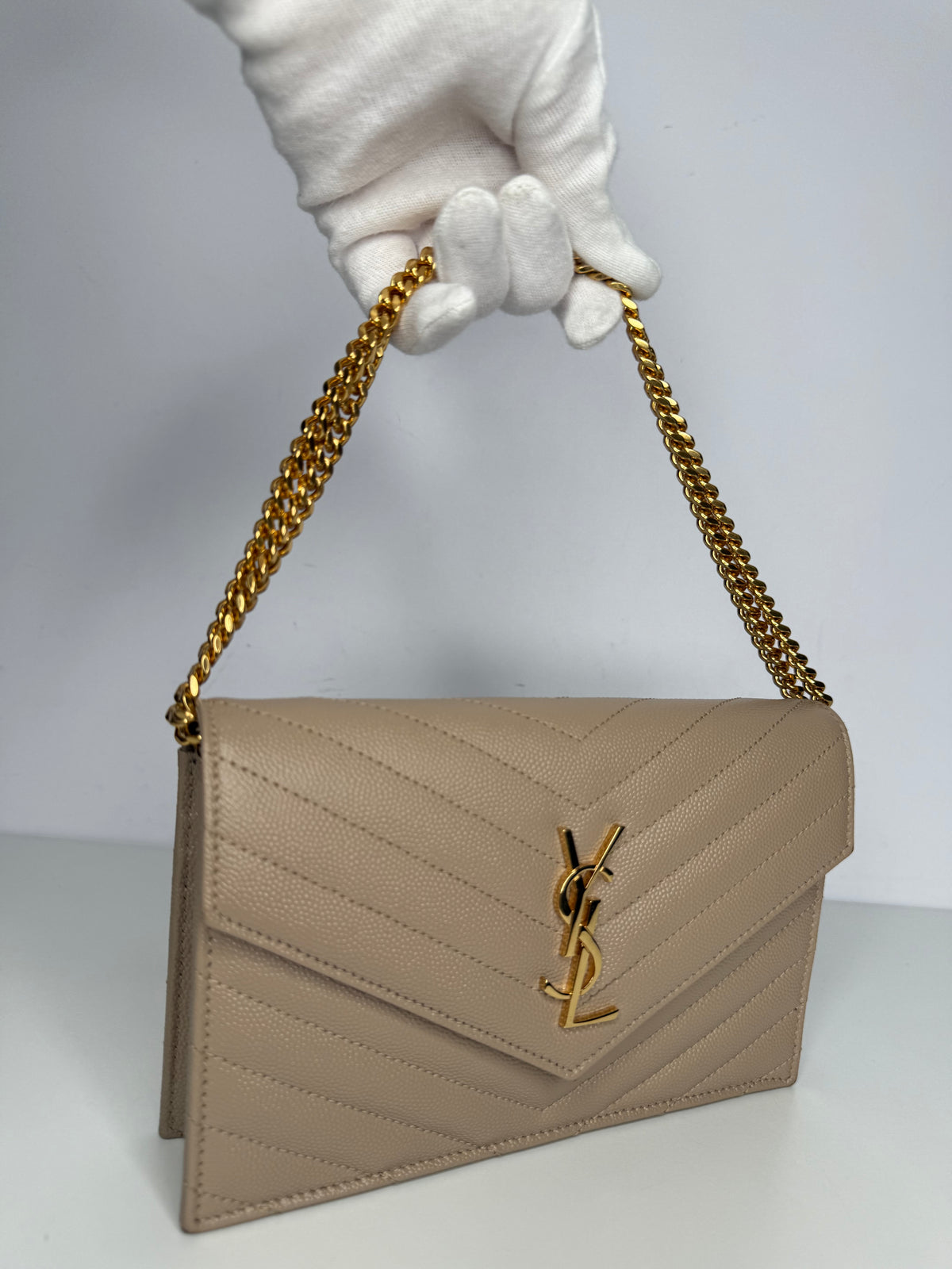 Saint Laurent Cassandre Envelope Dark Beige Grain De Poudre Leather Wallet on Chain