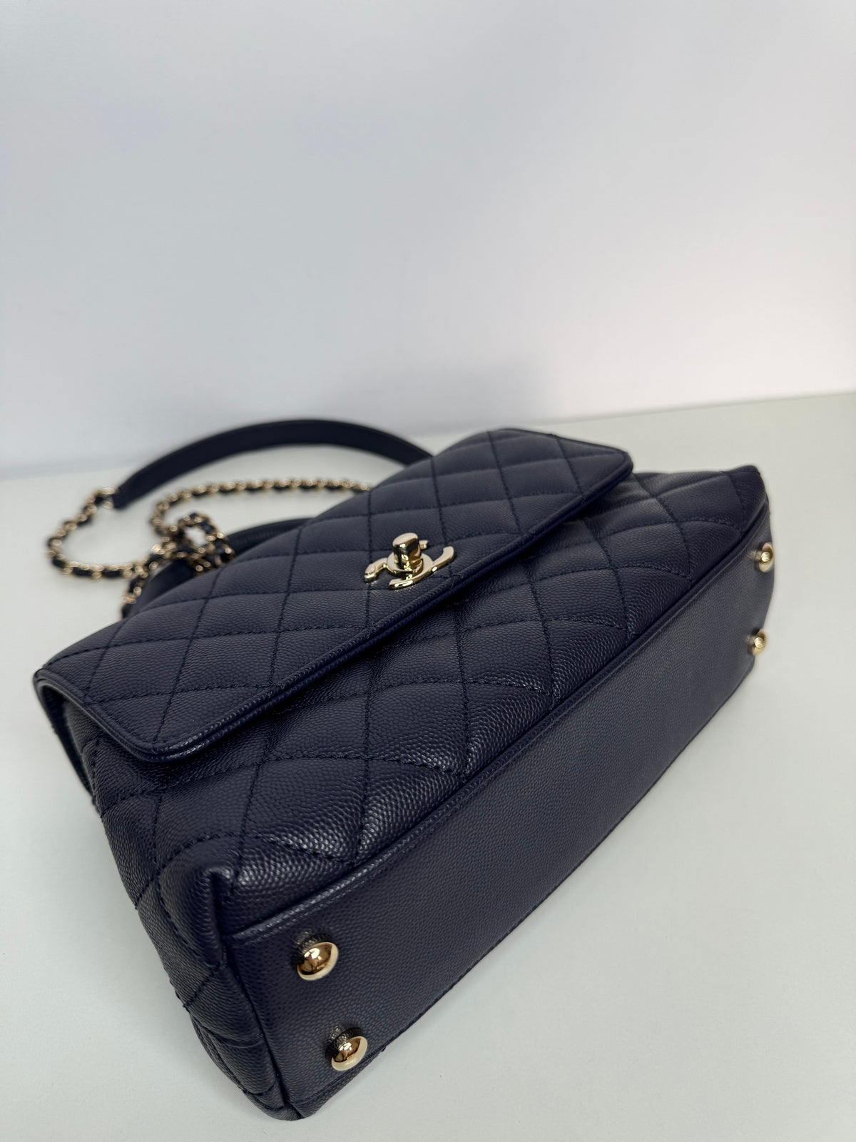 Chanel Coco Handle Small Blue Caviar with Lizard Top Handle