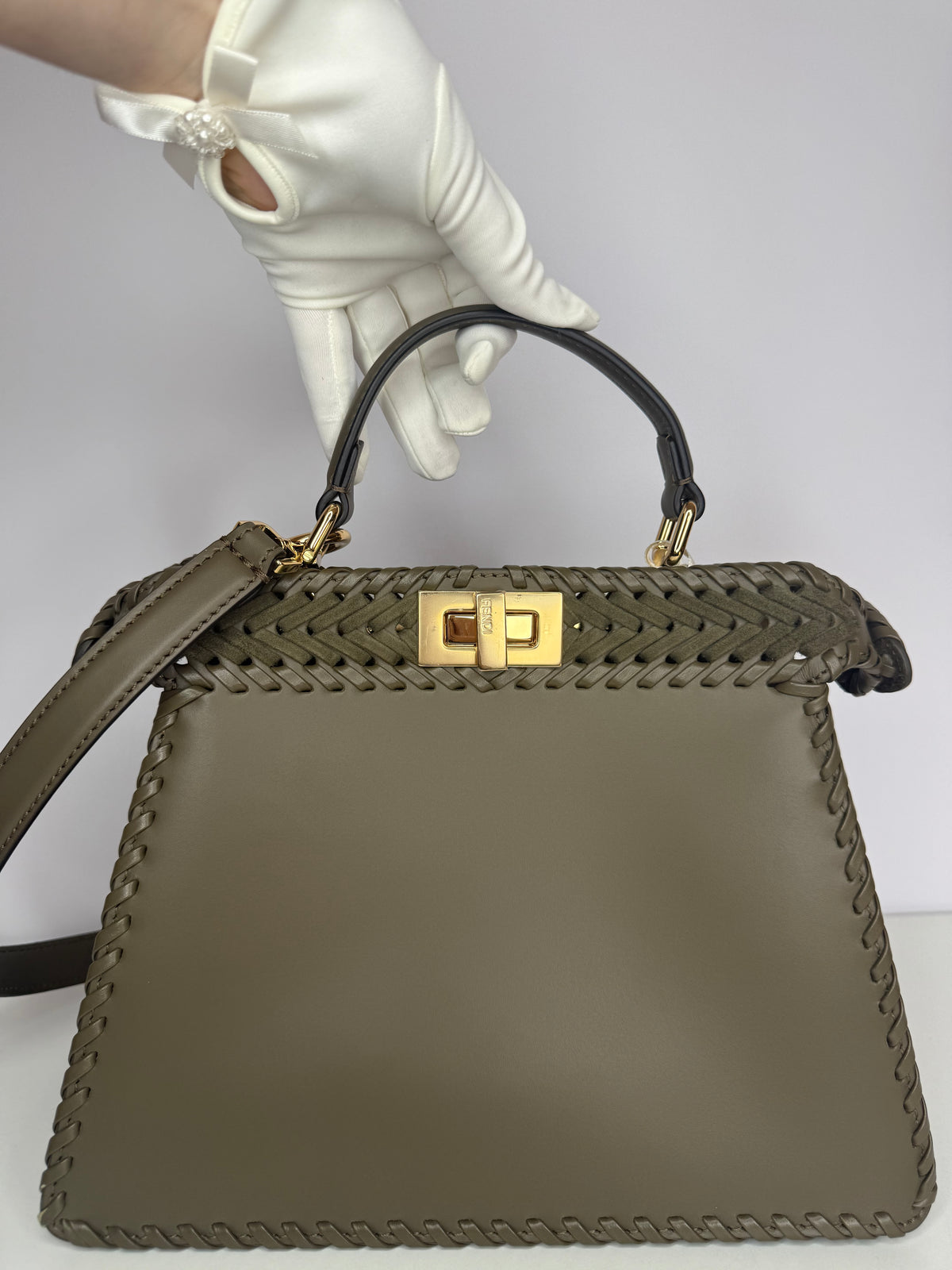 Fendi Peekaboo ISeeU Small Olive Green interlaced Leather Bag