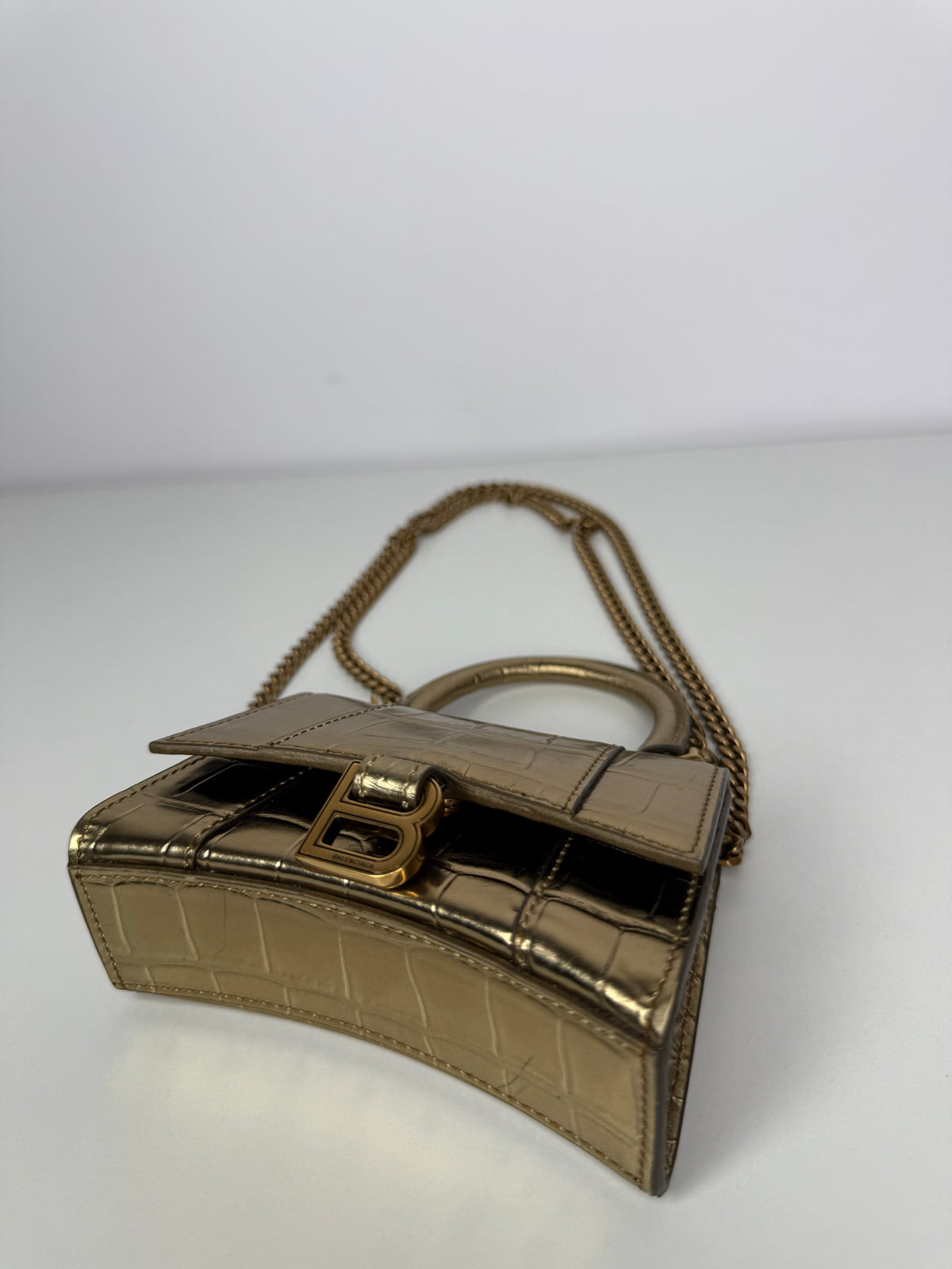 Balenciaga Gold Croc Embossed Hourglass Nano Top Handle Bag