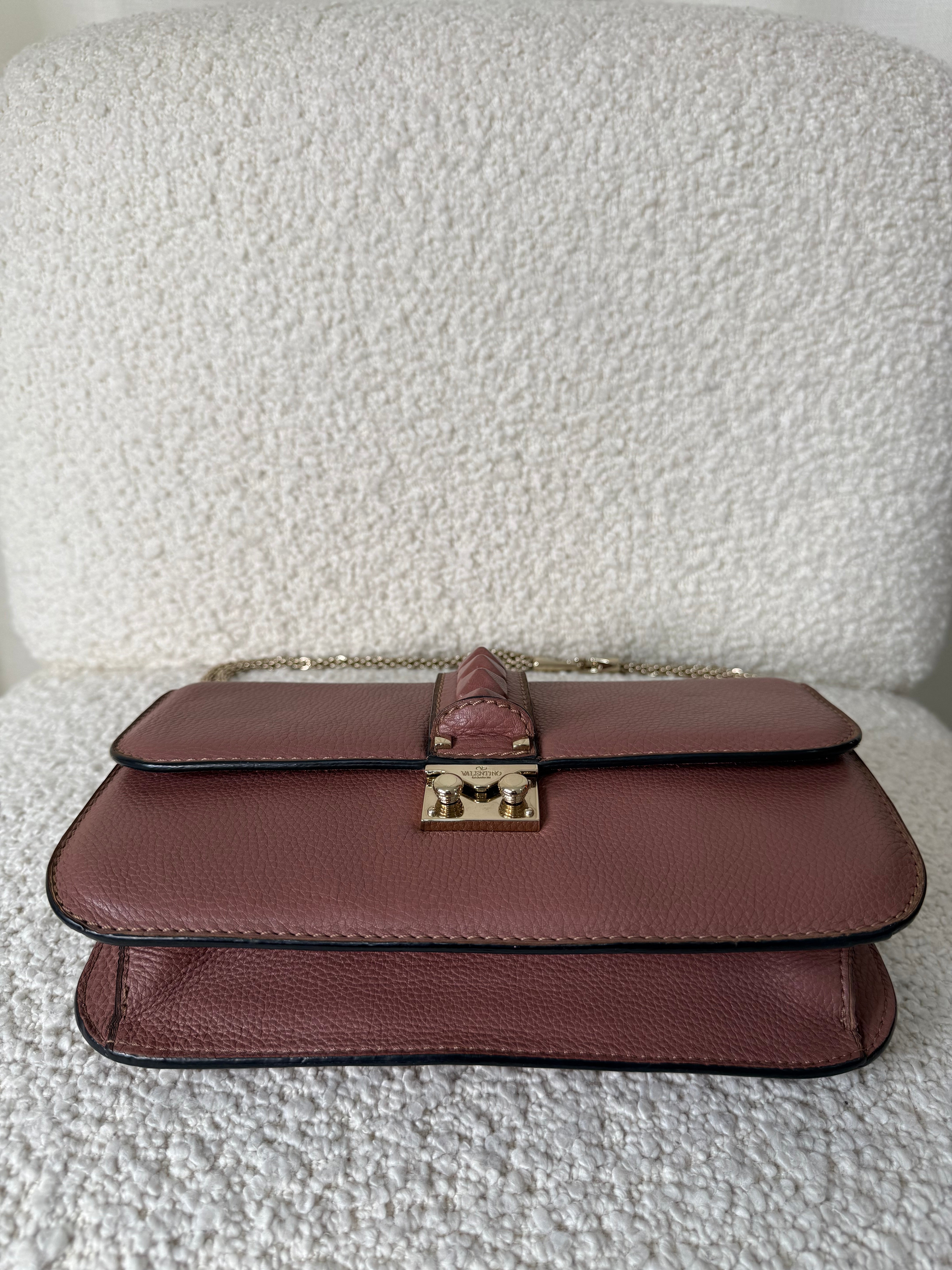 Valentino Garavani Old Rose Leather Rockstud Glam Lock Medium Flap Bag