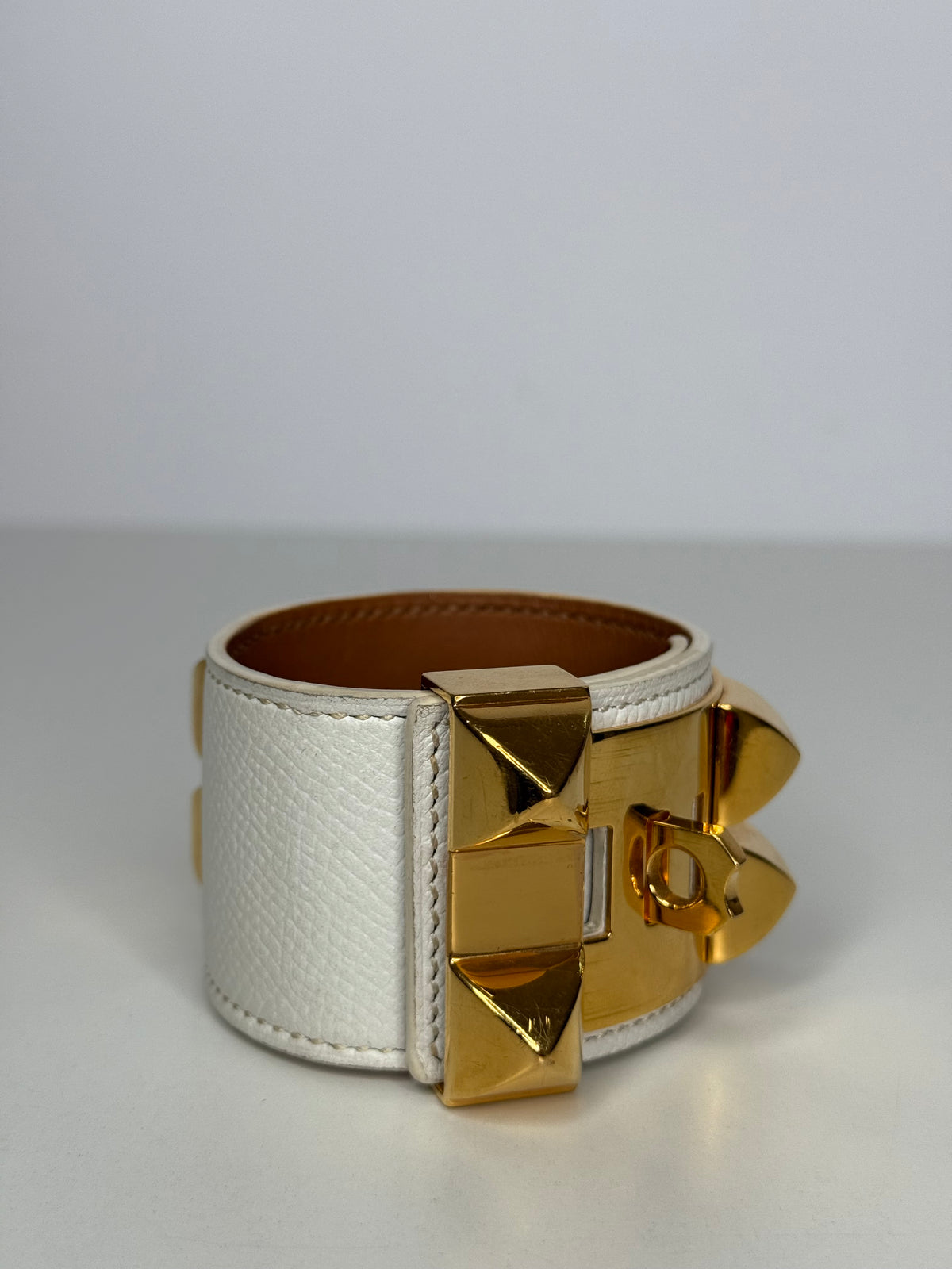 Hermès White Epsom Leather Gold Plated Collier de Chien Bracelet