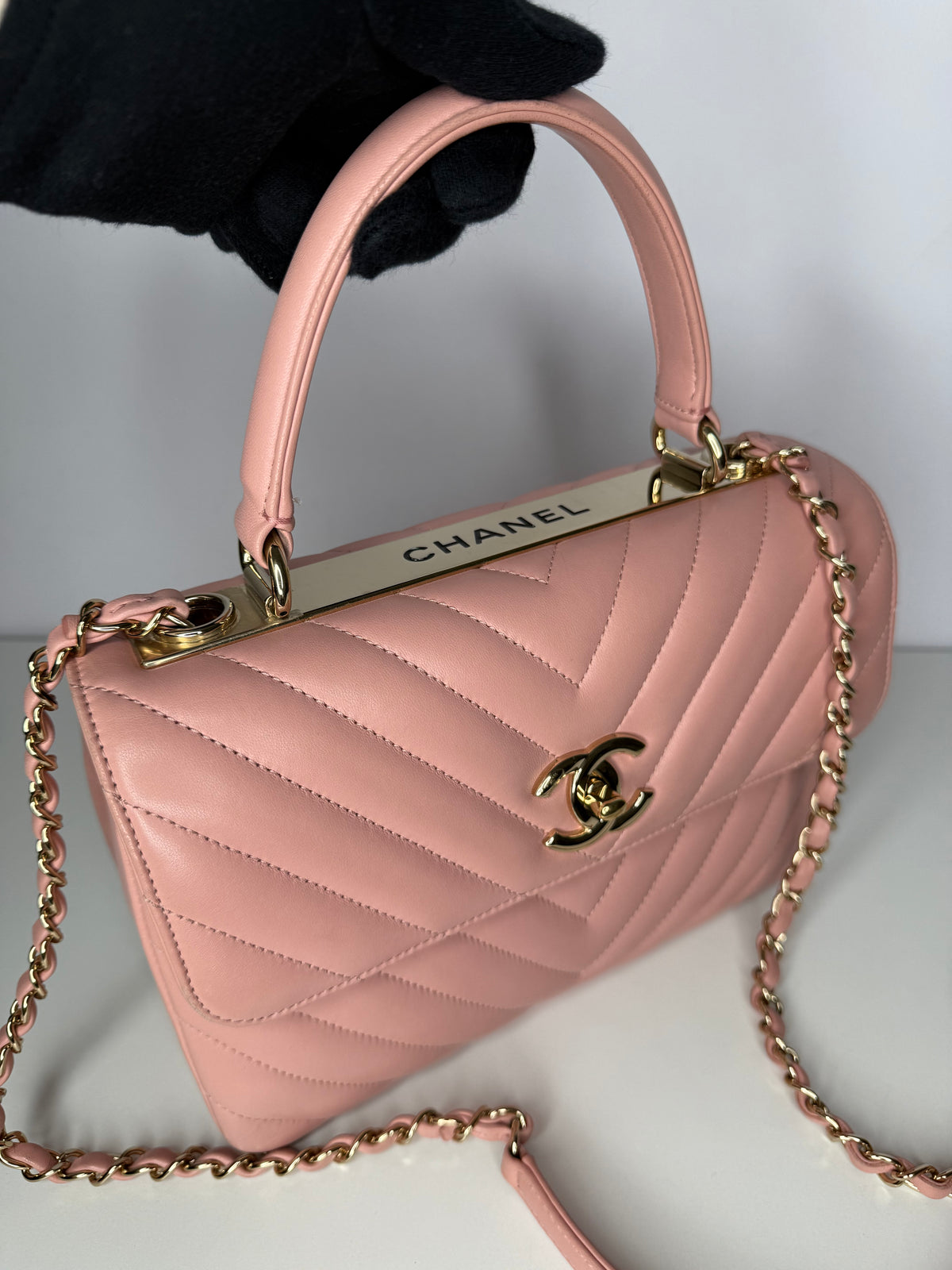 Chanel Small Trendy CC Light Pink Lambskin Chevron Quilted Top Handle Bag