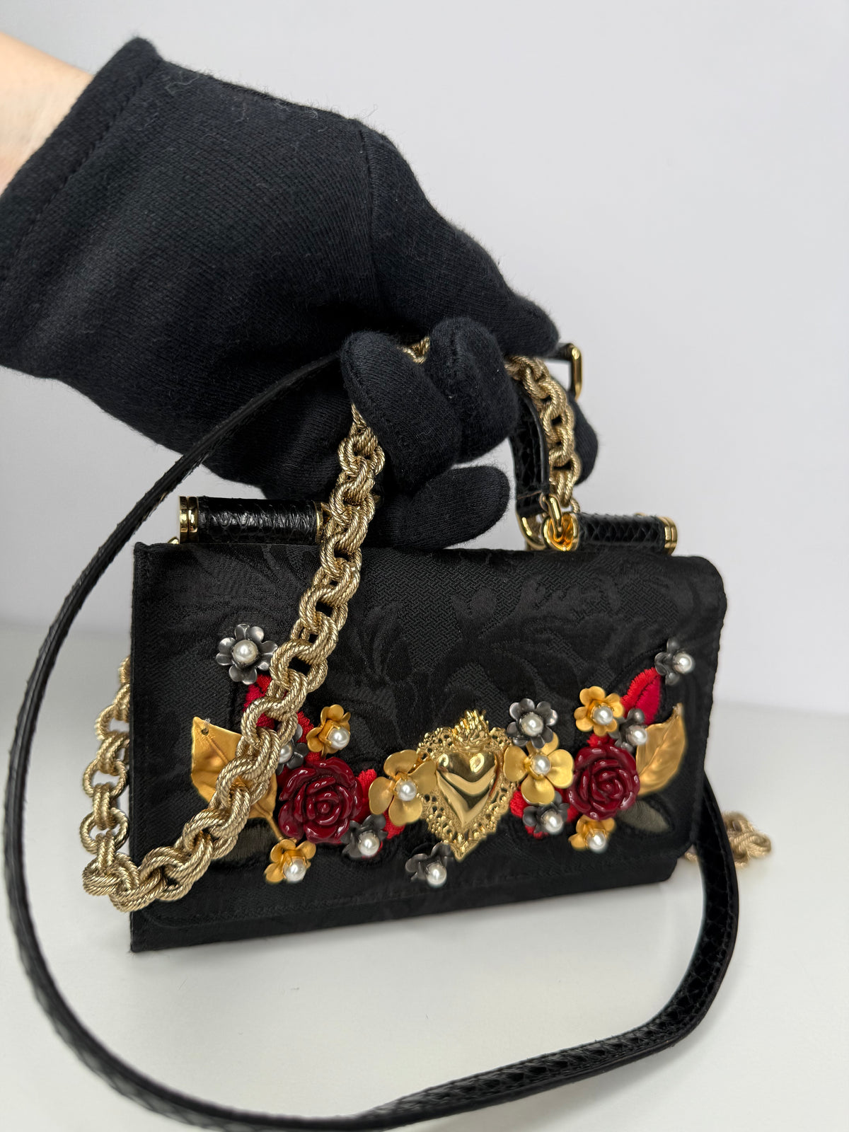 Dolce Gabbana Rare Sicily Von Bag Black with Roses and Sacred Heart