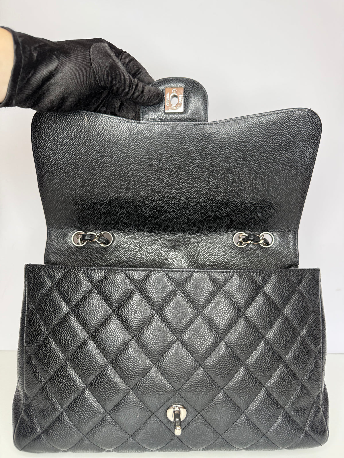 Chanel Jumbo Classic Single Flap Black Caviar Leather Silver Hardware