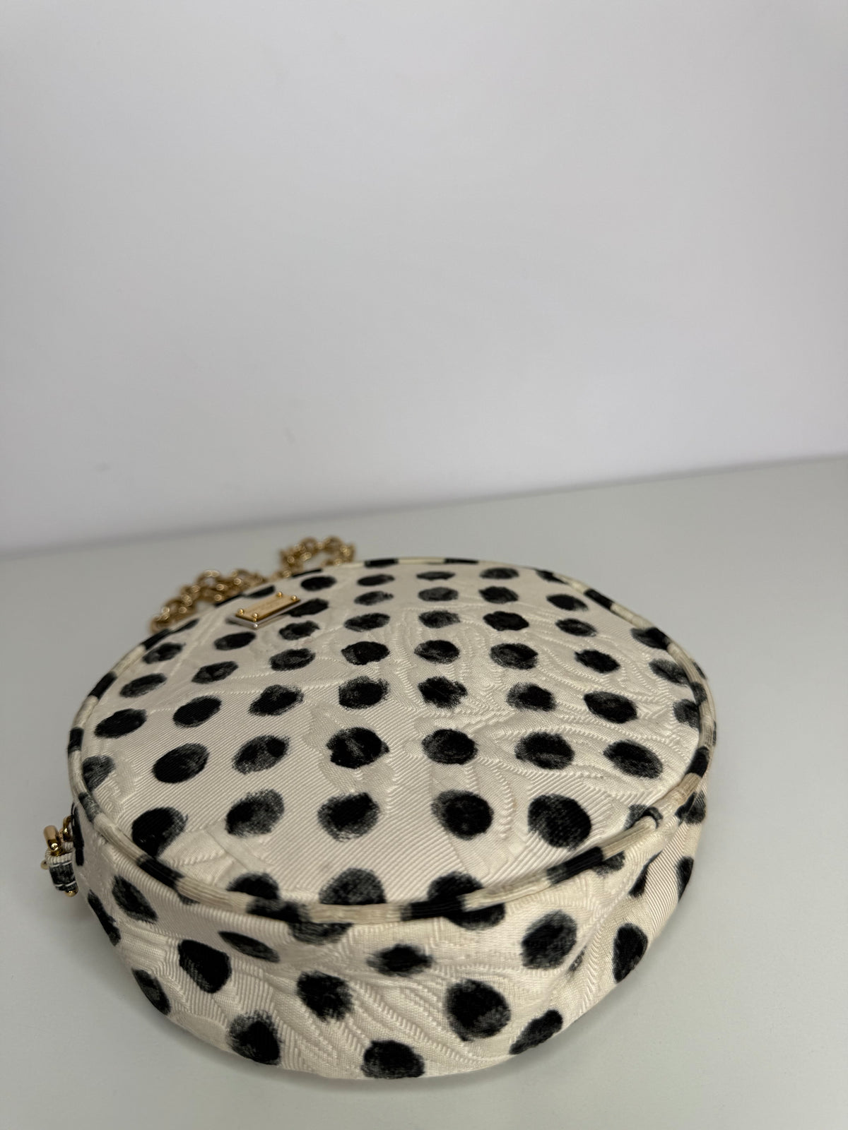 Dolce Gabbana Black/White Polka Dot Fabric Brocade Round Glam Crossbody Bag