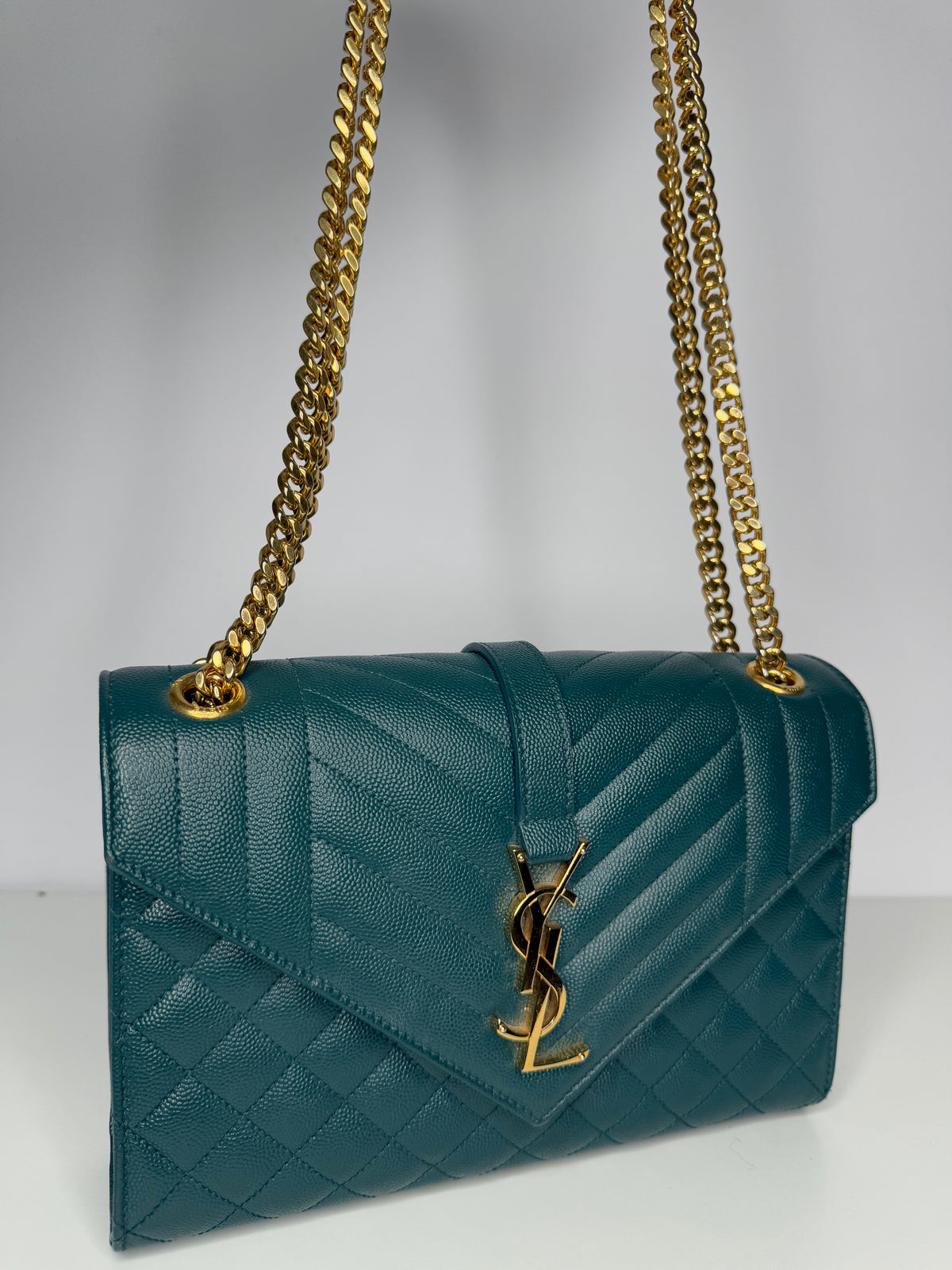 Saint Laurent Envelope Medium Quilted Grain De Poudre Green Leather
