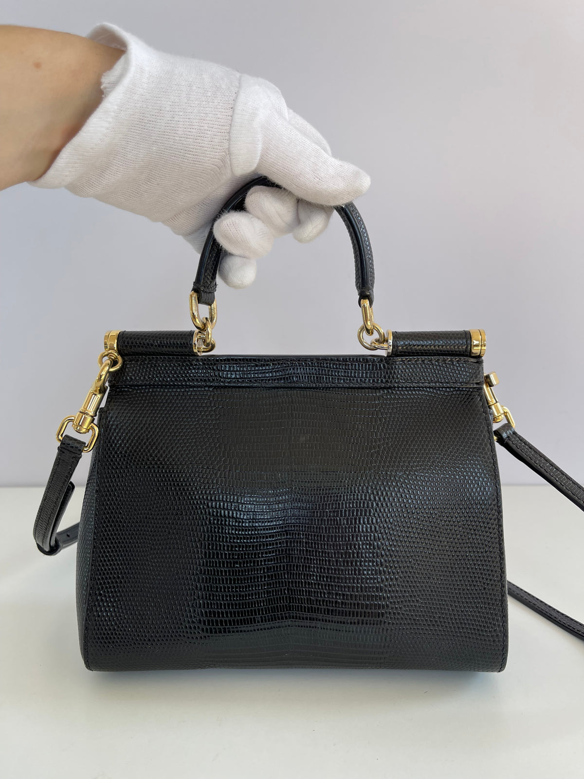 Dolce Gabbana Small Miss Sicily Black Lizard Embossed and Crystal DG Logo