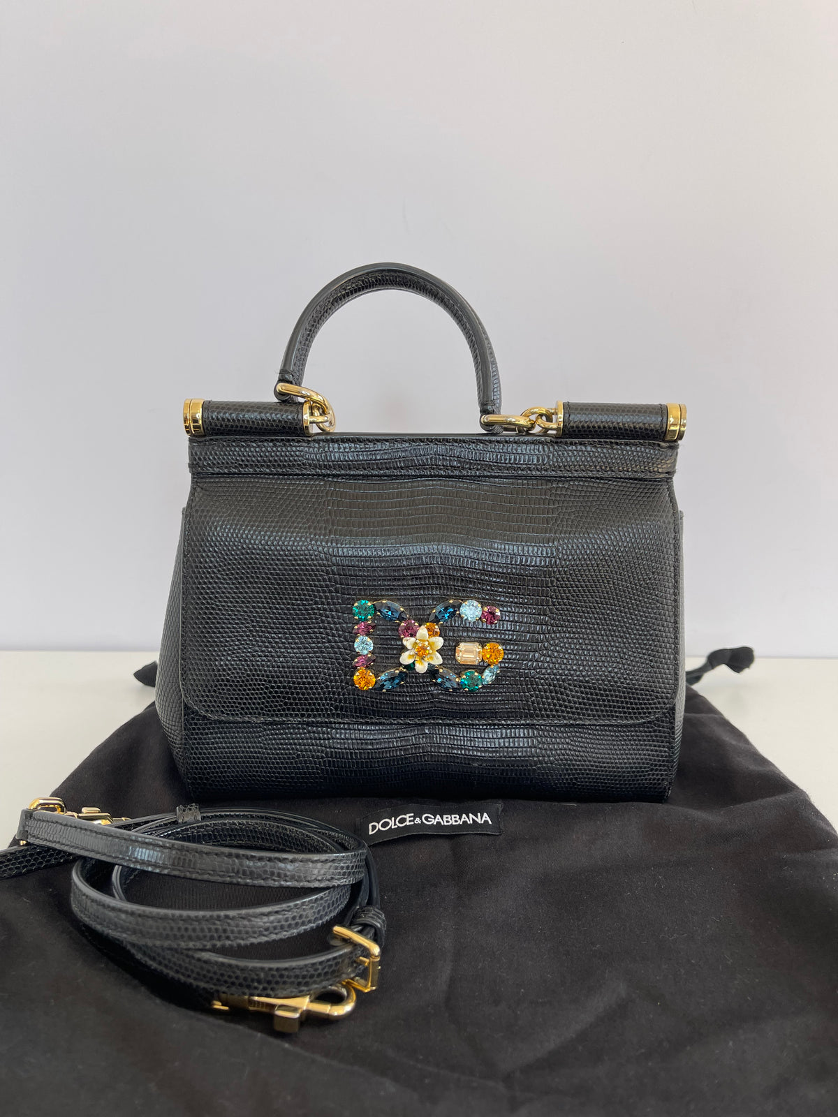 Dolce Gabbana Small Miss Sicily Black Lizard Embossed and Crystal DG Logo