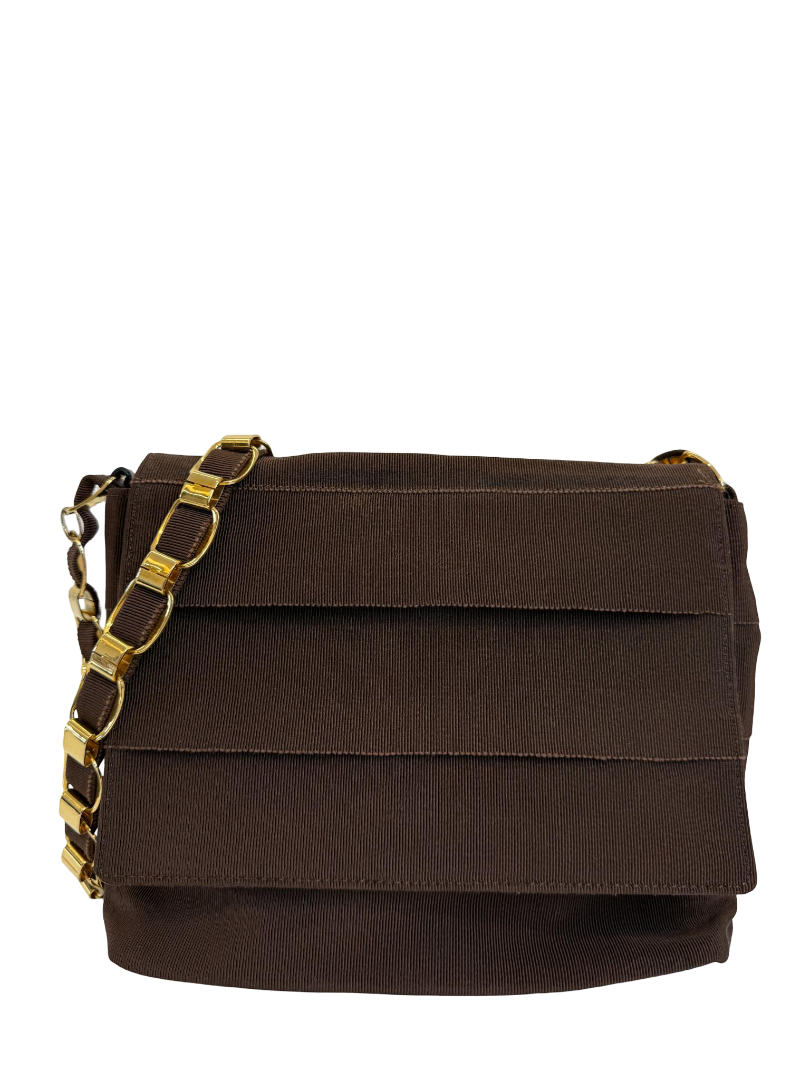 Salvatore Ferragamo Tiered Brown Grosgrain Crossbody Bag