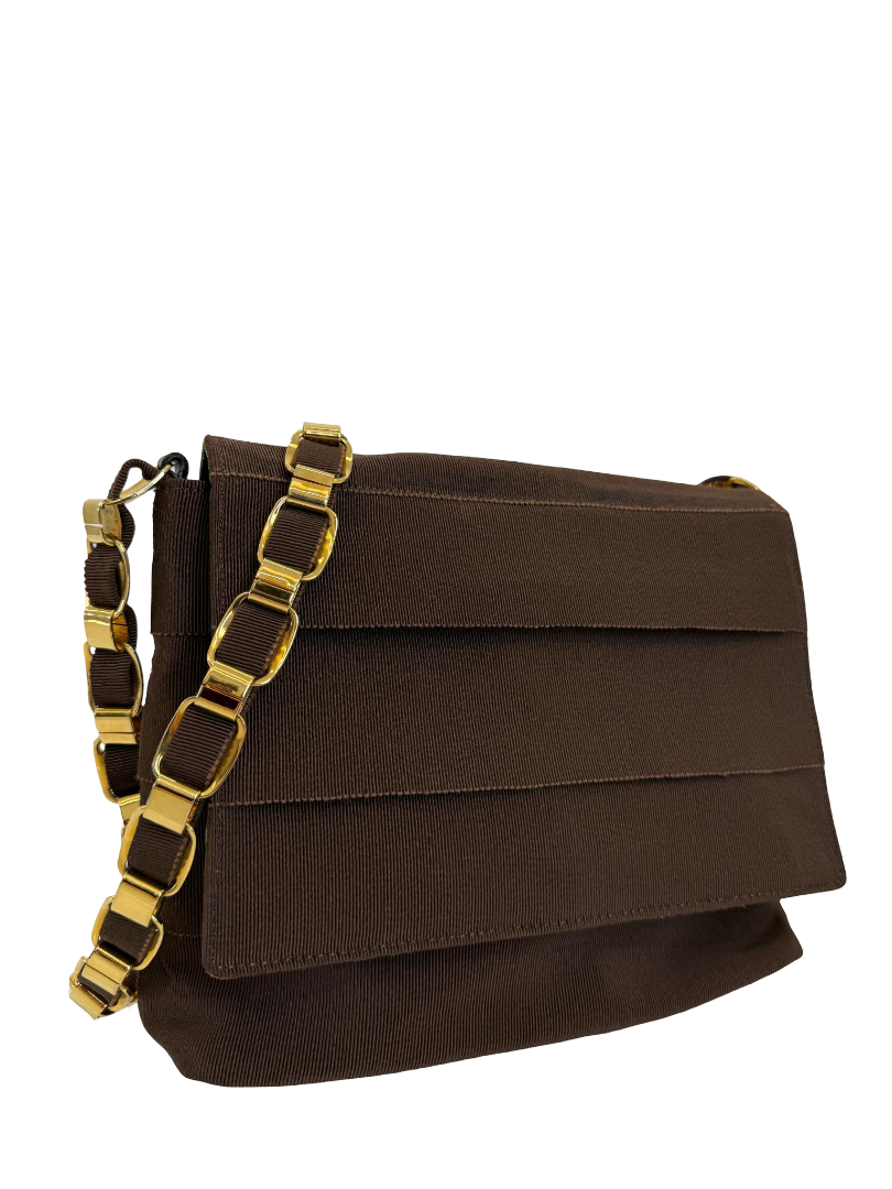 Salvatore Ferragamo Tiered Brown Grosgrain Crossbody Bag
