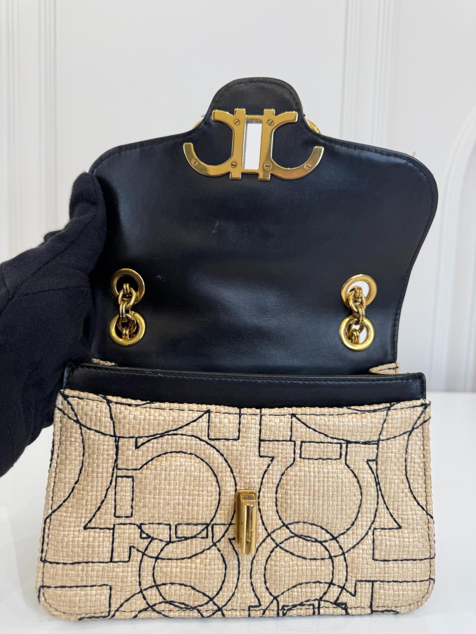 Salvatore Ferragamo Gancini Woven Raffia Shoulder Bag