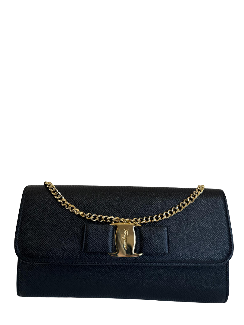 Salvatore Ferragamo Vara Bow Black Leather Wallet on Chain