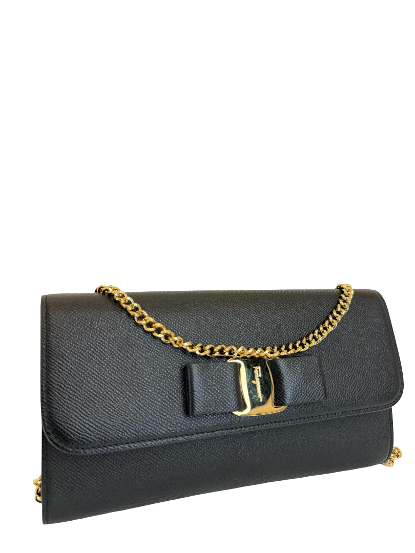 Salvatore Ferragamo Vara Bow Black Leather Wallet on Chain