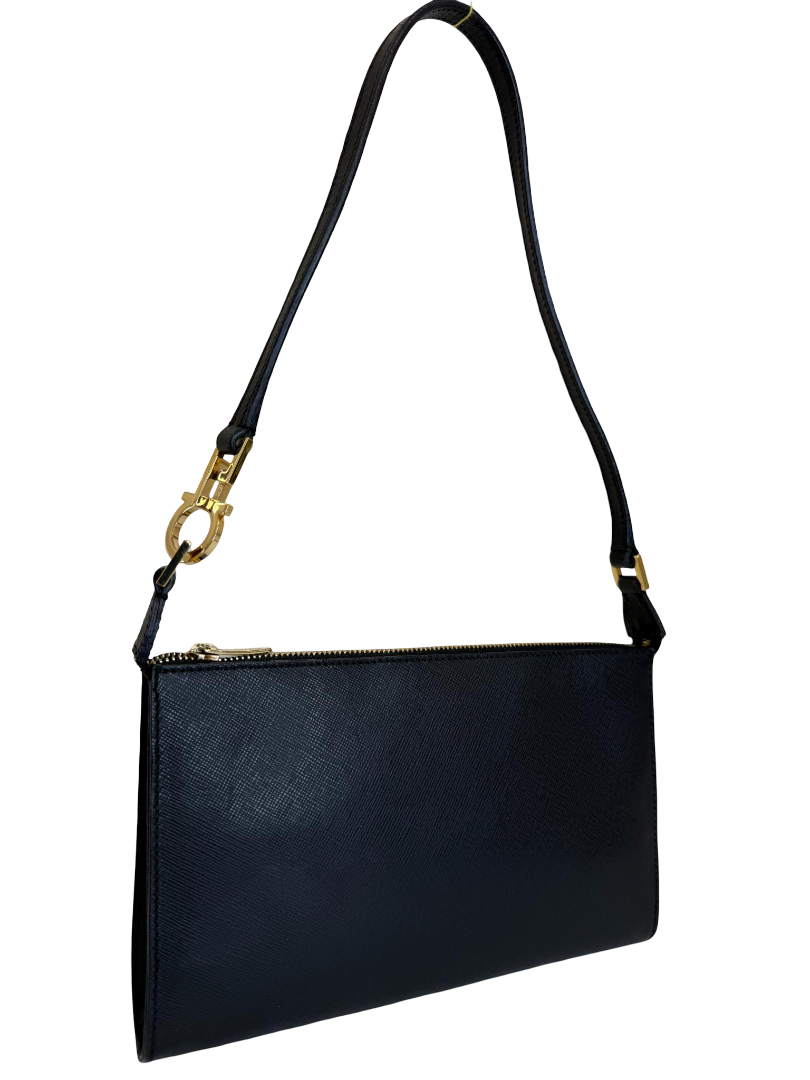 Salvatore Ferragamo Black Saffiano Leather Gancini Pochette