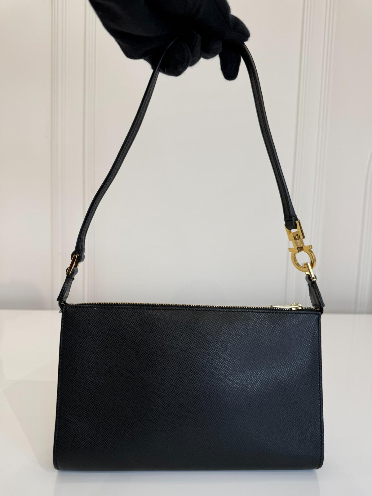Salvatore Ferragamo Black Saffiano Leather Gancini Pochette