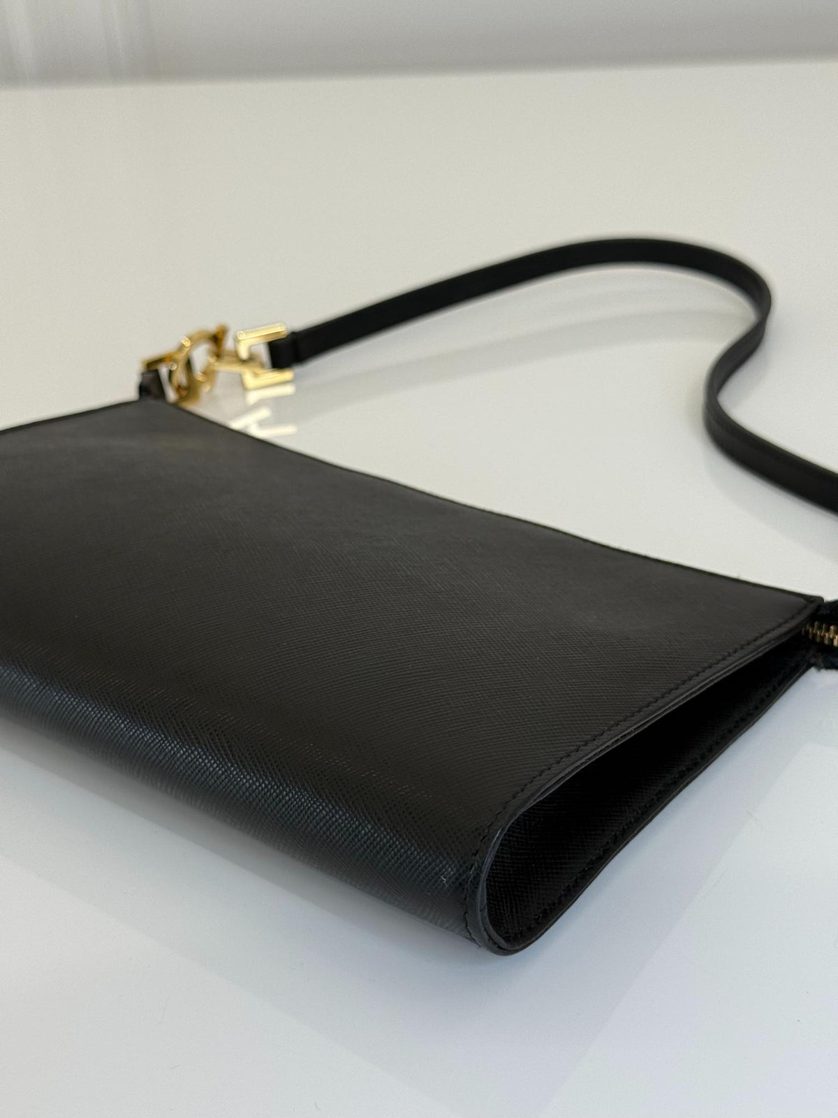 Salvatore Ferragamo Black Saffiano Leather Gancini Pochette