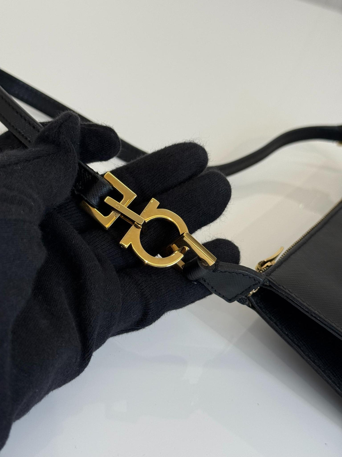 Salvatore Ferragamo Black Saffiano Leather Gancini Pochette