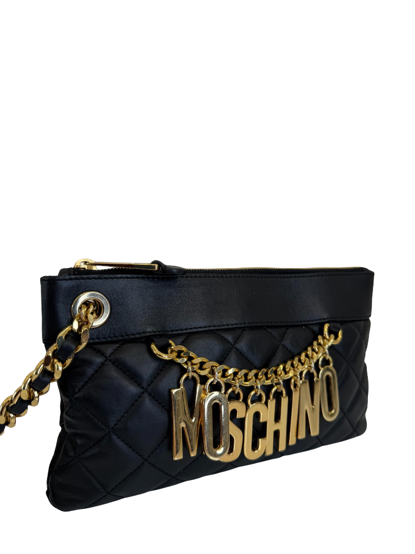 Moschino Black Quilted Leather Charms Wristlet Clutch