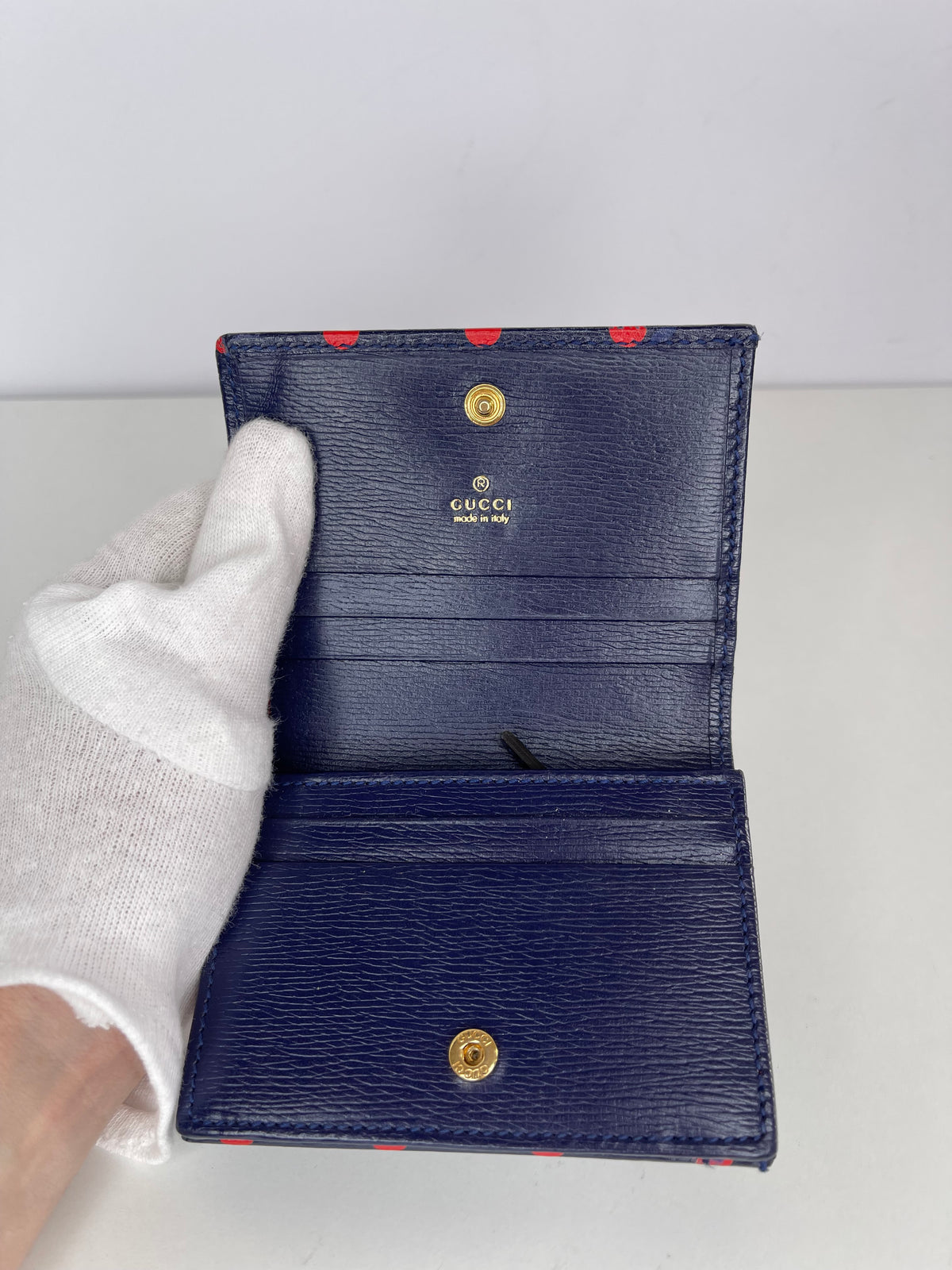 Gucci Horsebit 1955 Navy/Red Leather Polka Dot Bifold Wallet