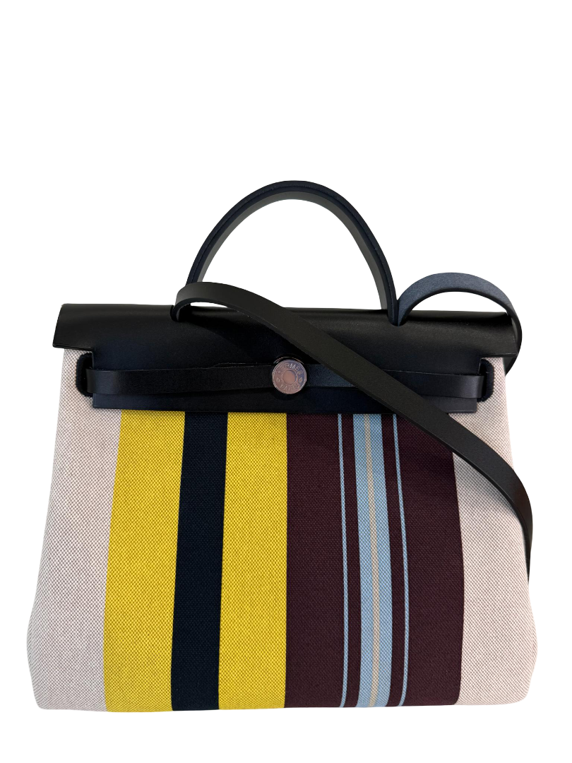 Hermès Herbag Zip 31 Rayures d'Équipage H Plume Canvas Hunter Cowhide PHW