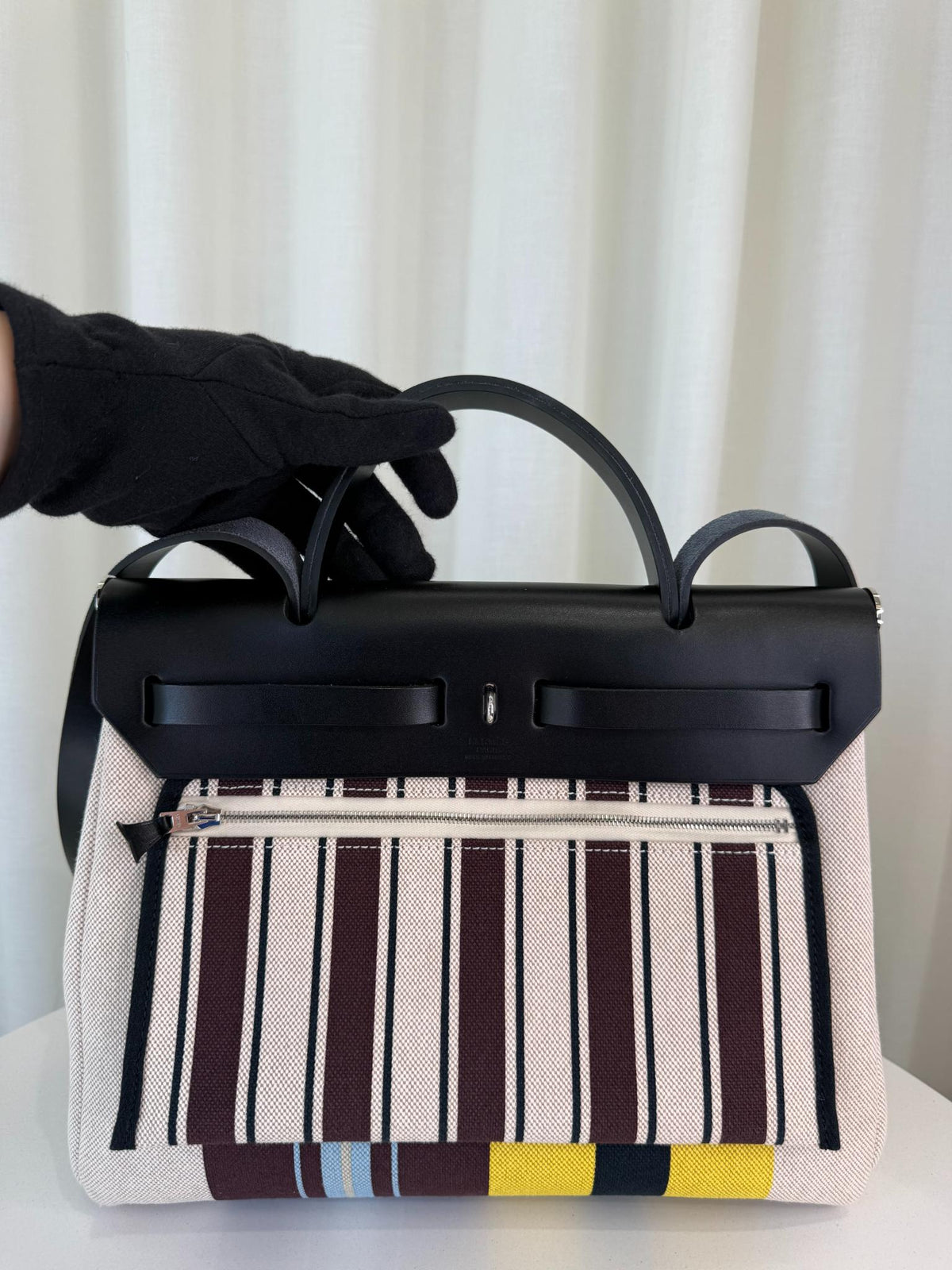 Hermès Herbag Zip 31 Rayures d'Équipage H Plume Canvas Hunter Cowhide PHW