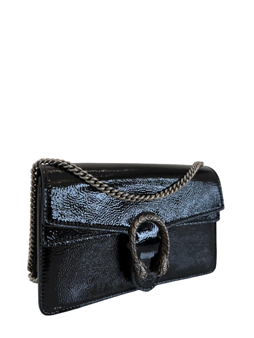 Gucci Mini Dionysus Black Crinkled Patent Leather Bag