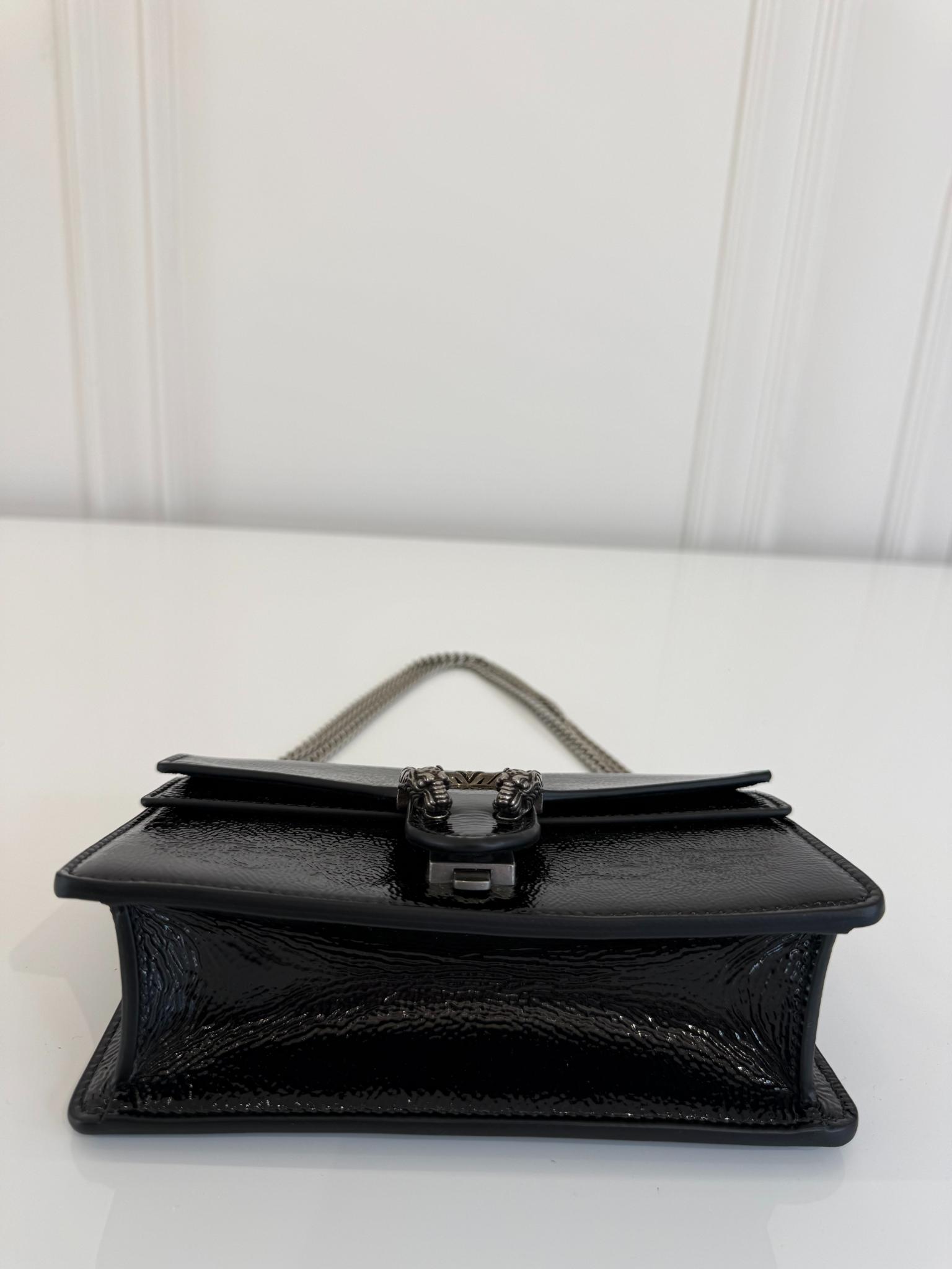 Gucci Mini Dionysus Black Crinkled Patent Leather Bag