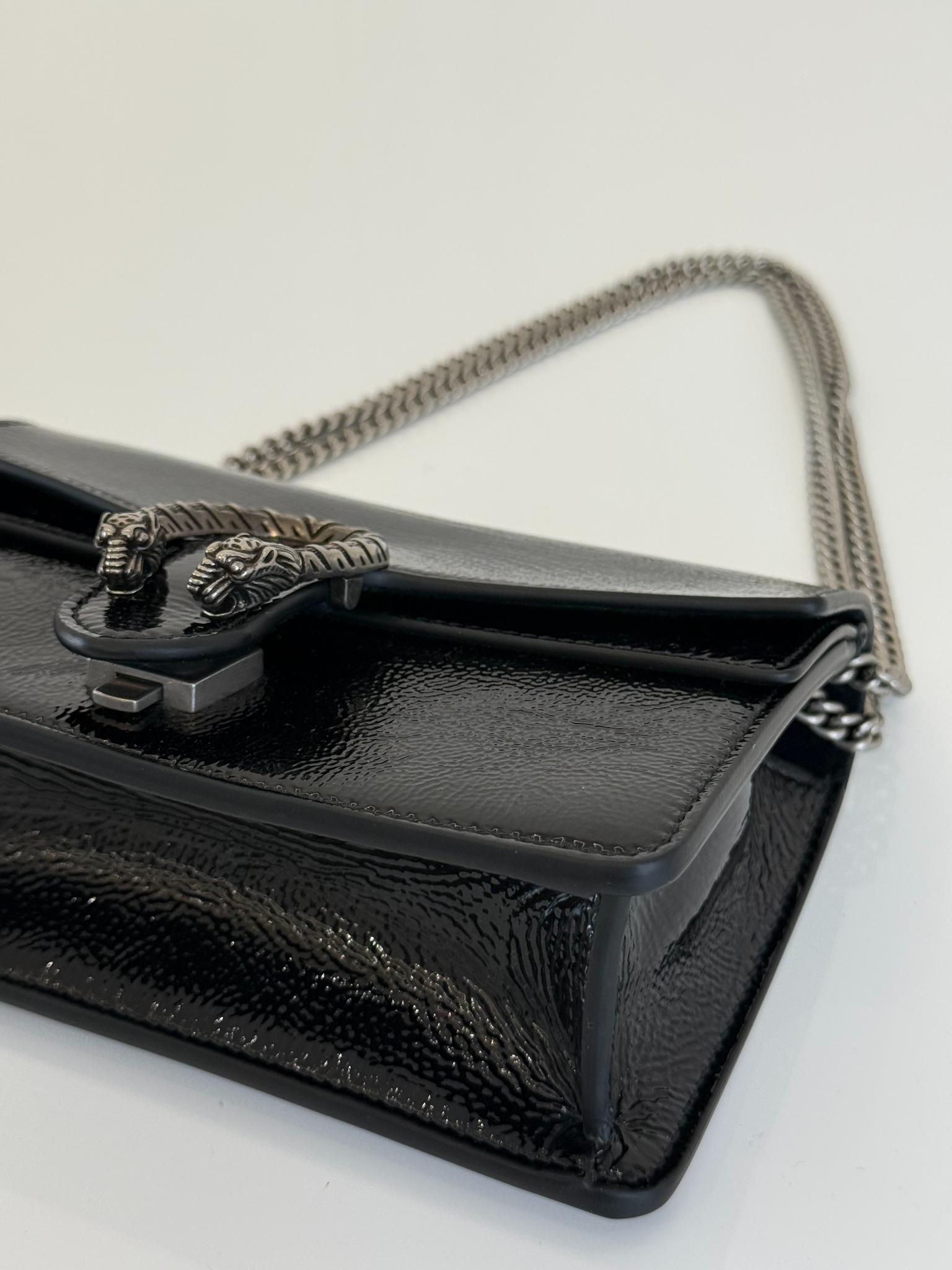 Gucci Mini Dionysus Black Crinkled Patent Leather Bag