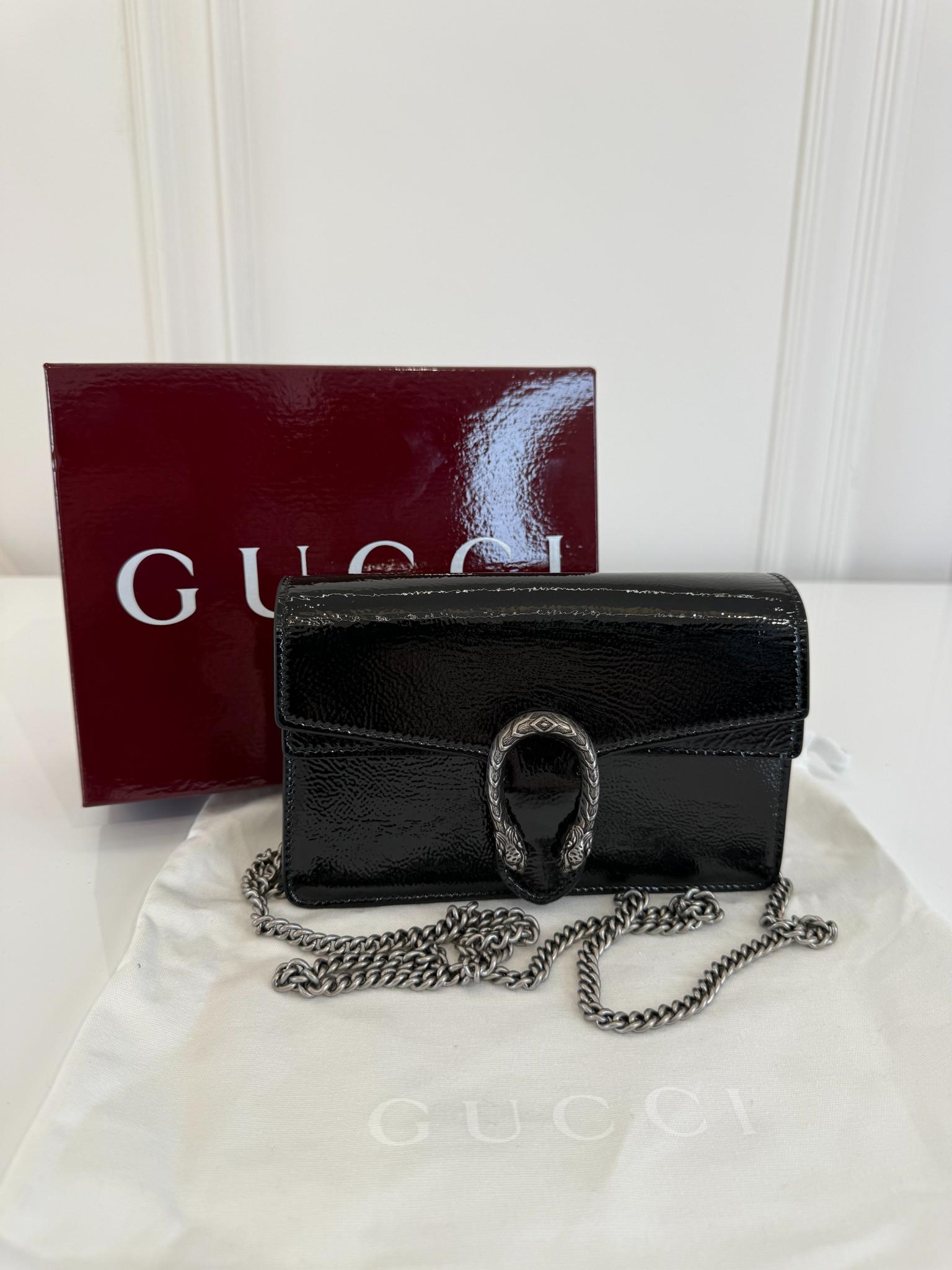 Gucci Mini Dionysus Black Crinkled Patent Leather Bag