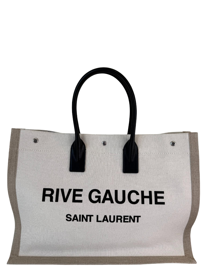 Saint Laurent Rive Gauche Neutral Canvas Black Leather Tote Bag