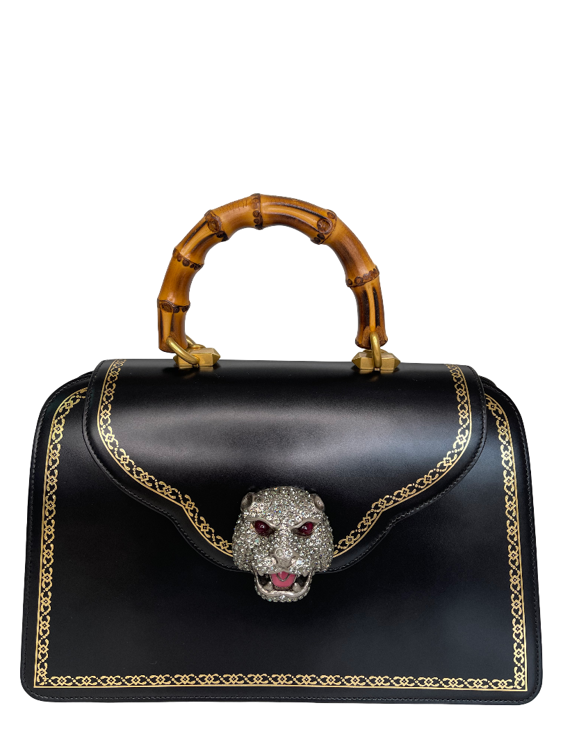 Gucci Thiara Black Bambo Top Handle Crystal Tiger Bag