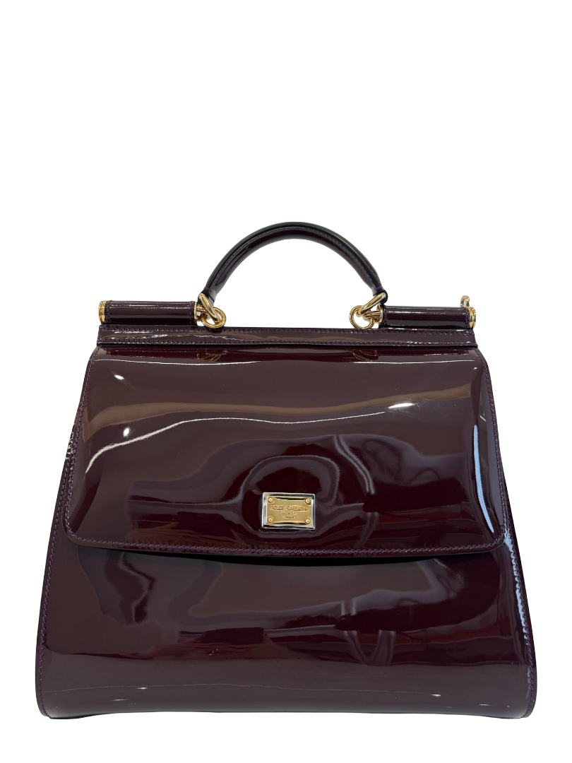 Dolce Gabbana Burgundy Patent Leather Large Miss Sicily Top Handle Bag