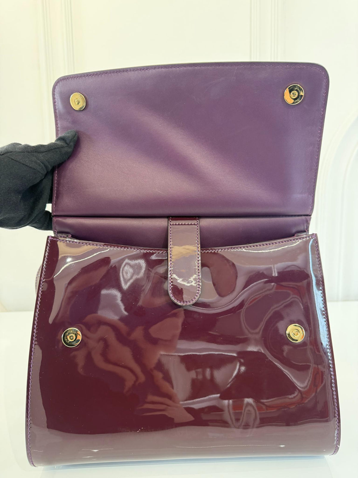 Dolce Gabbana Burgundy Patent Leather Large Miss Sicily Top Handle Bag