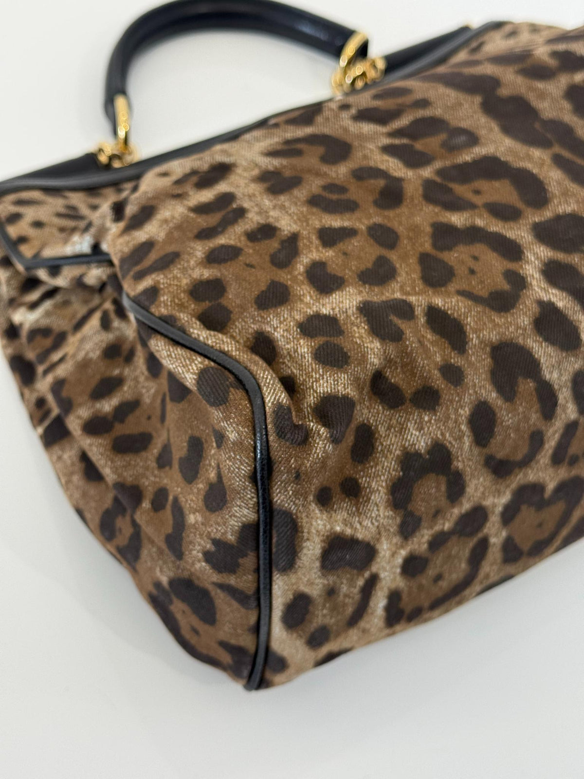 Dolce Gabbana Leopard Print Denim Miss Sicily Top Handle Bag