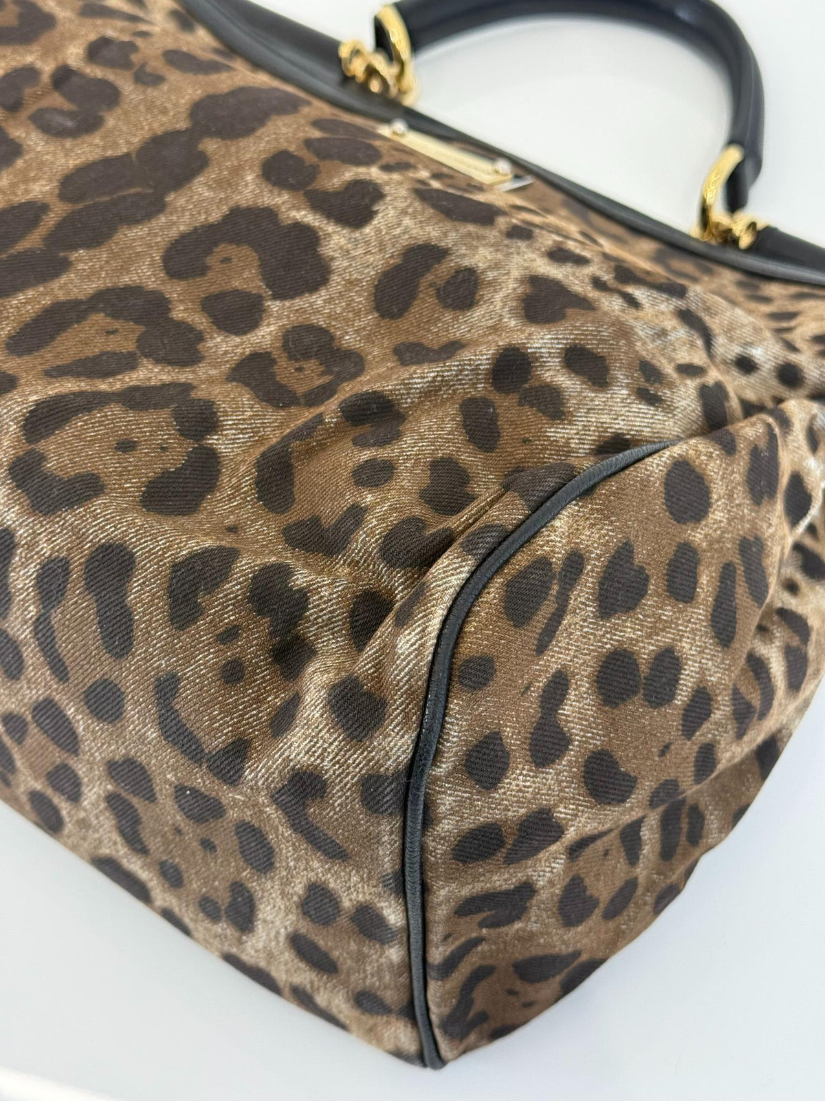 Dolce Gabbana Leopard Print Denim Miss Sicily Top Handle Bag
