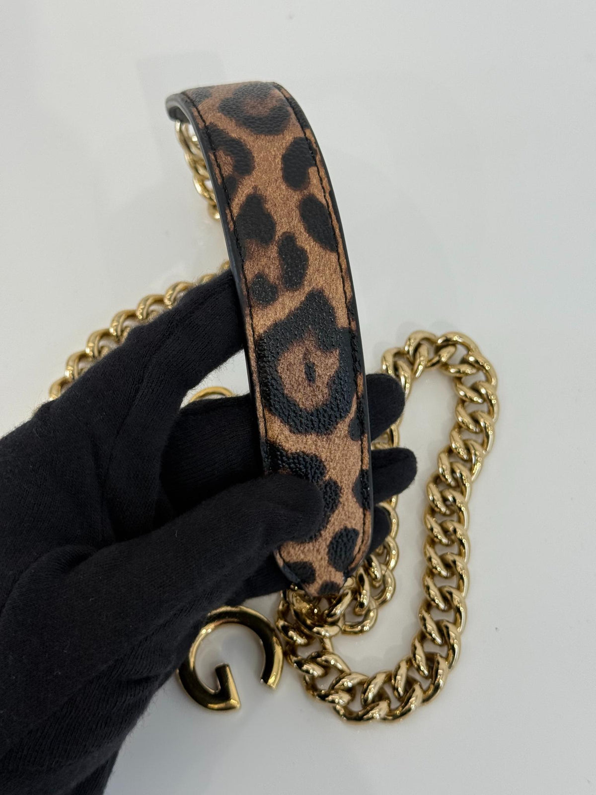 Dolce Gabbana Leopard Print DG Monogram Logo Buckle Chain Strap