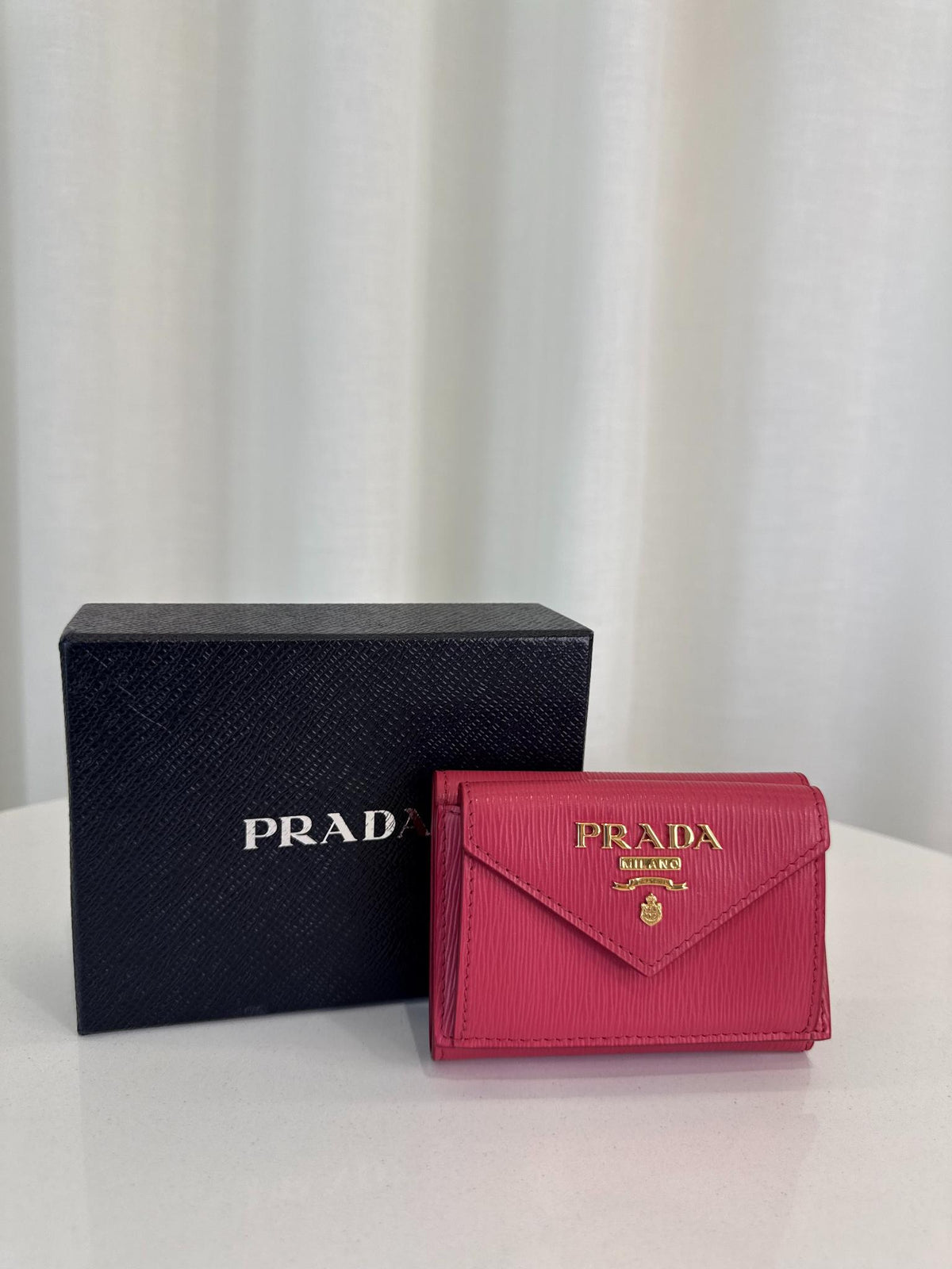 Prada Pink Vitello Move Leather Envelope Trifold Compact Wallet