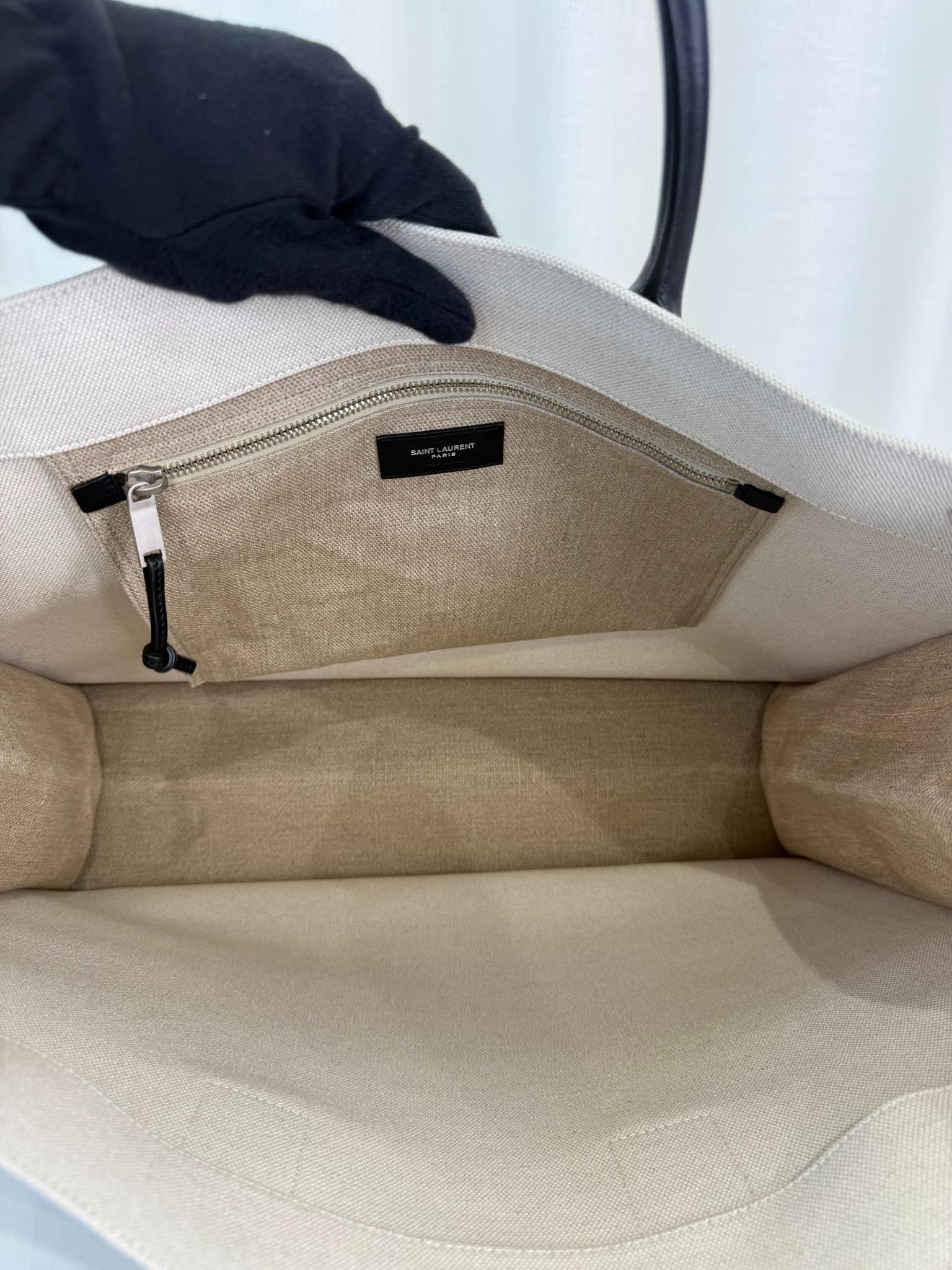 Saint Laurent Rive Gauche Neutral Canvas Black Leather Tote Bag