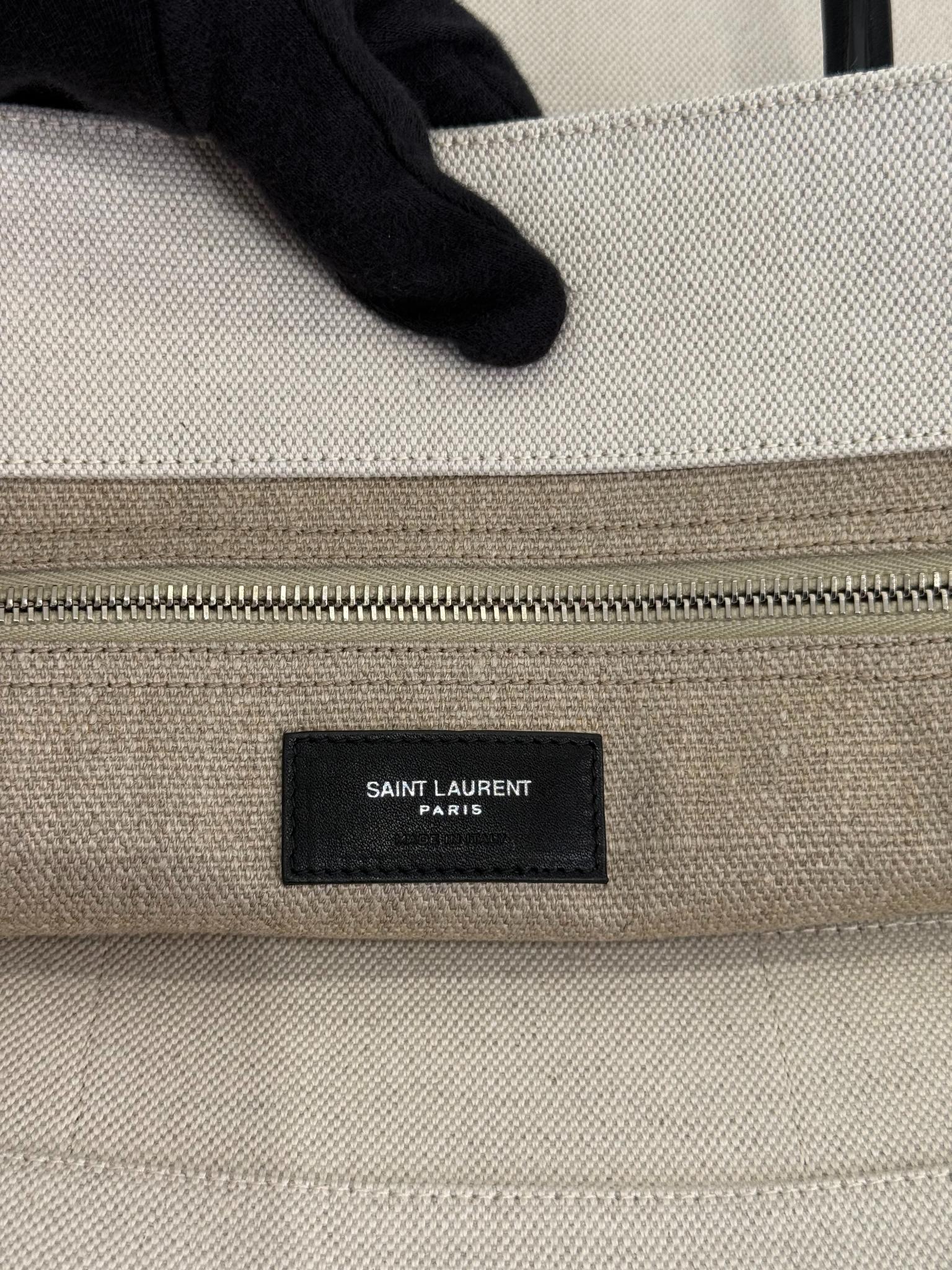 Saint Laurent Rive Gauche Neutral Canvas Black Leather Tote Bag