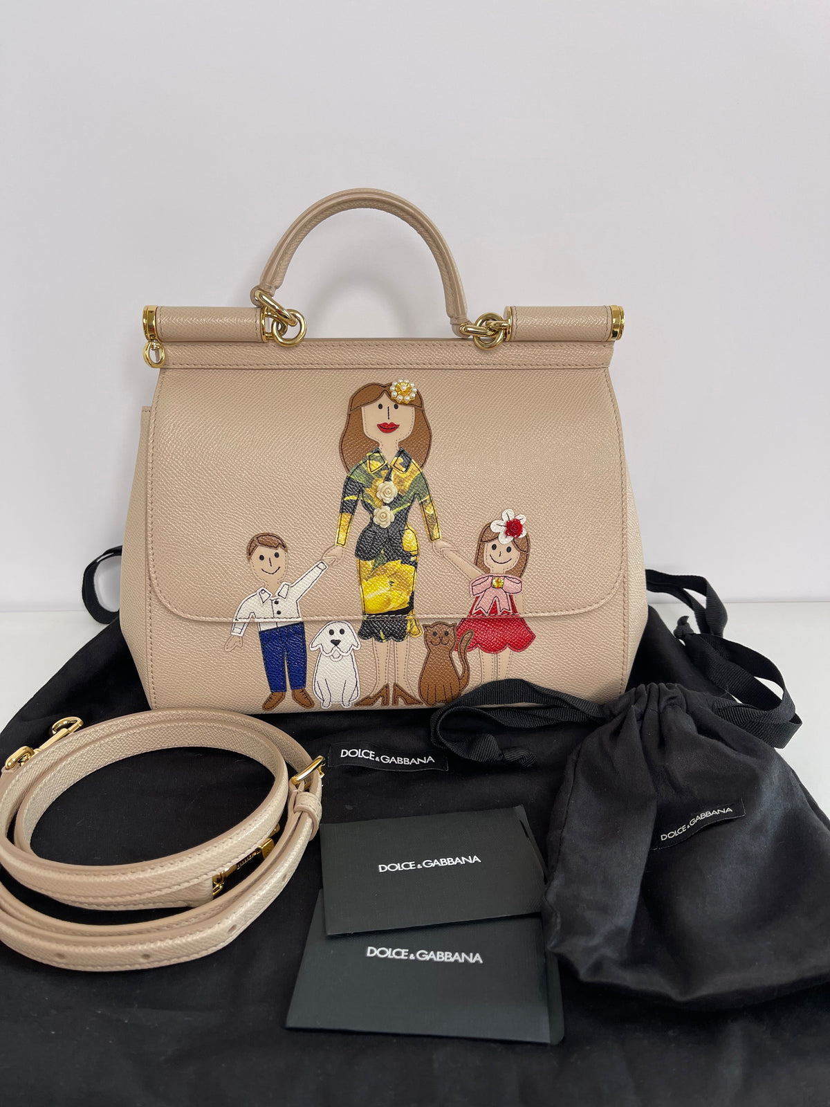 Dolce Gabbana Medium Miss Sicily Family Patch Beige Dauphine Leather