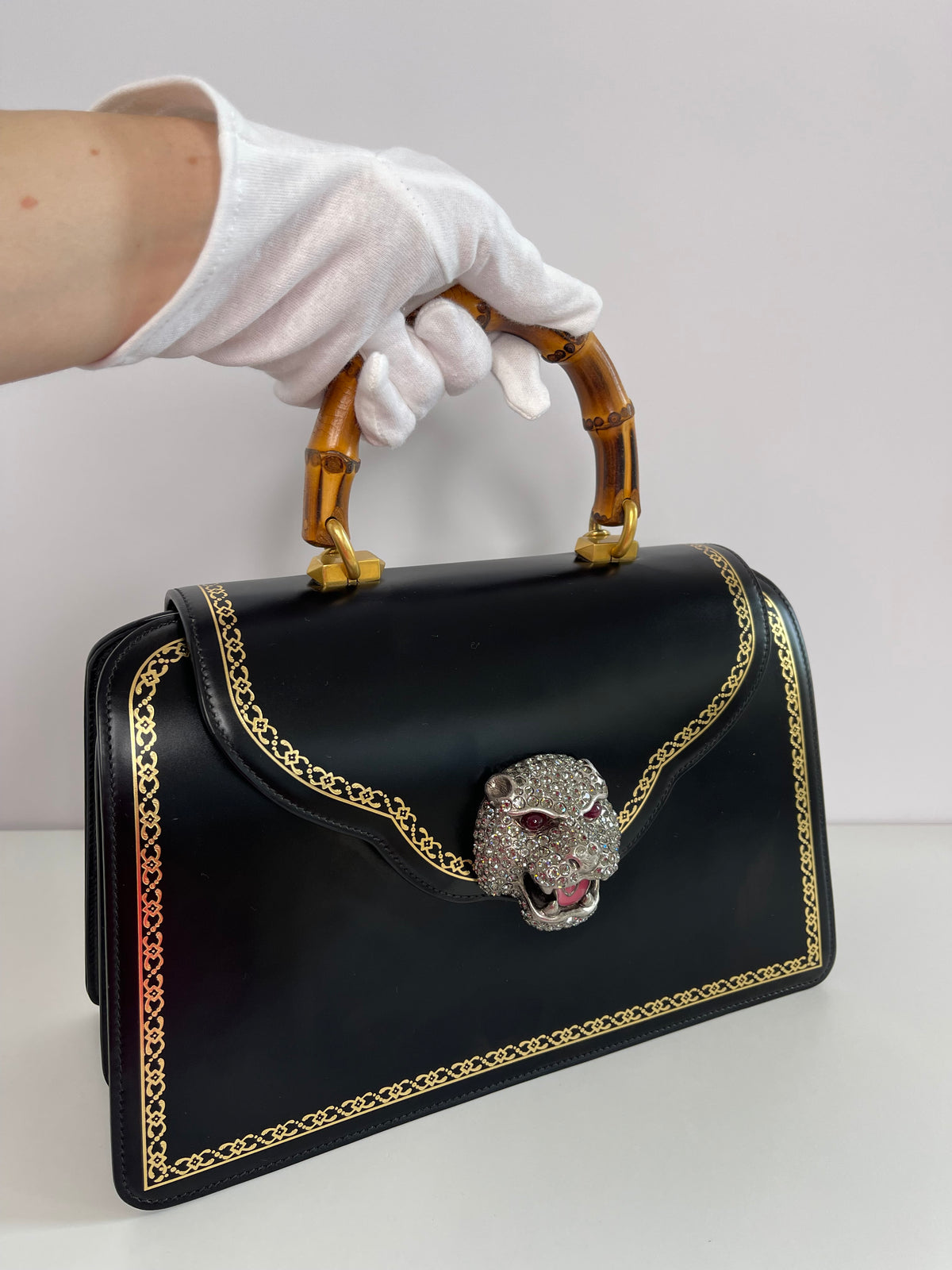 Gucci Thiara Black Bambo Top Handle Crystal Tiger Bag