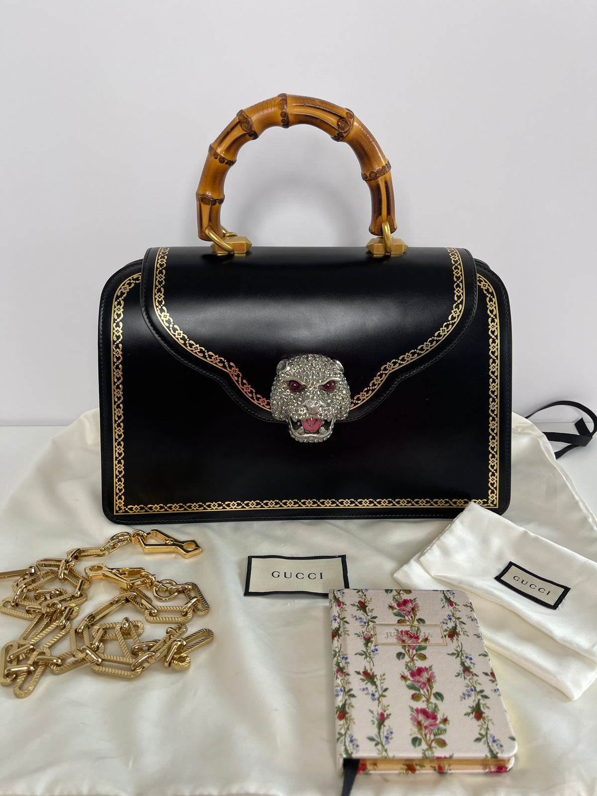 Gucci Thiara Black Bambo Top Handle Crystal Tiger Bag