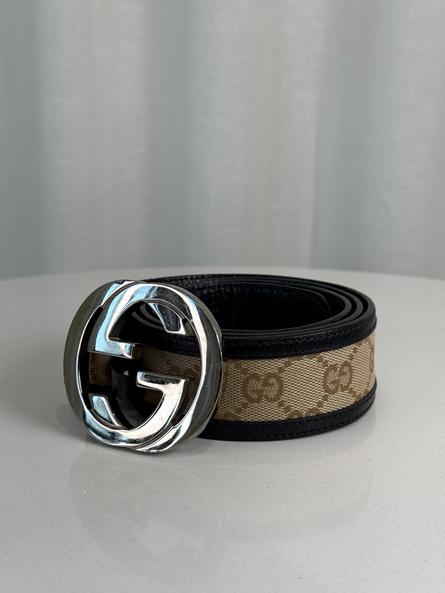 Gucci Brown/Beige GG Canvas and Leather Interlocking G Buckle Belt 95 CM
