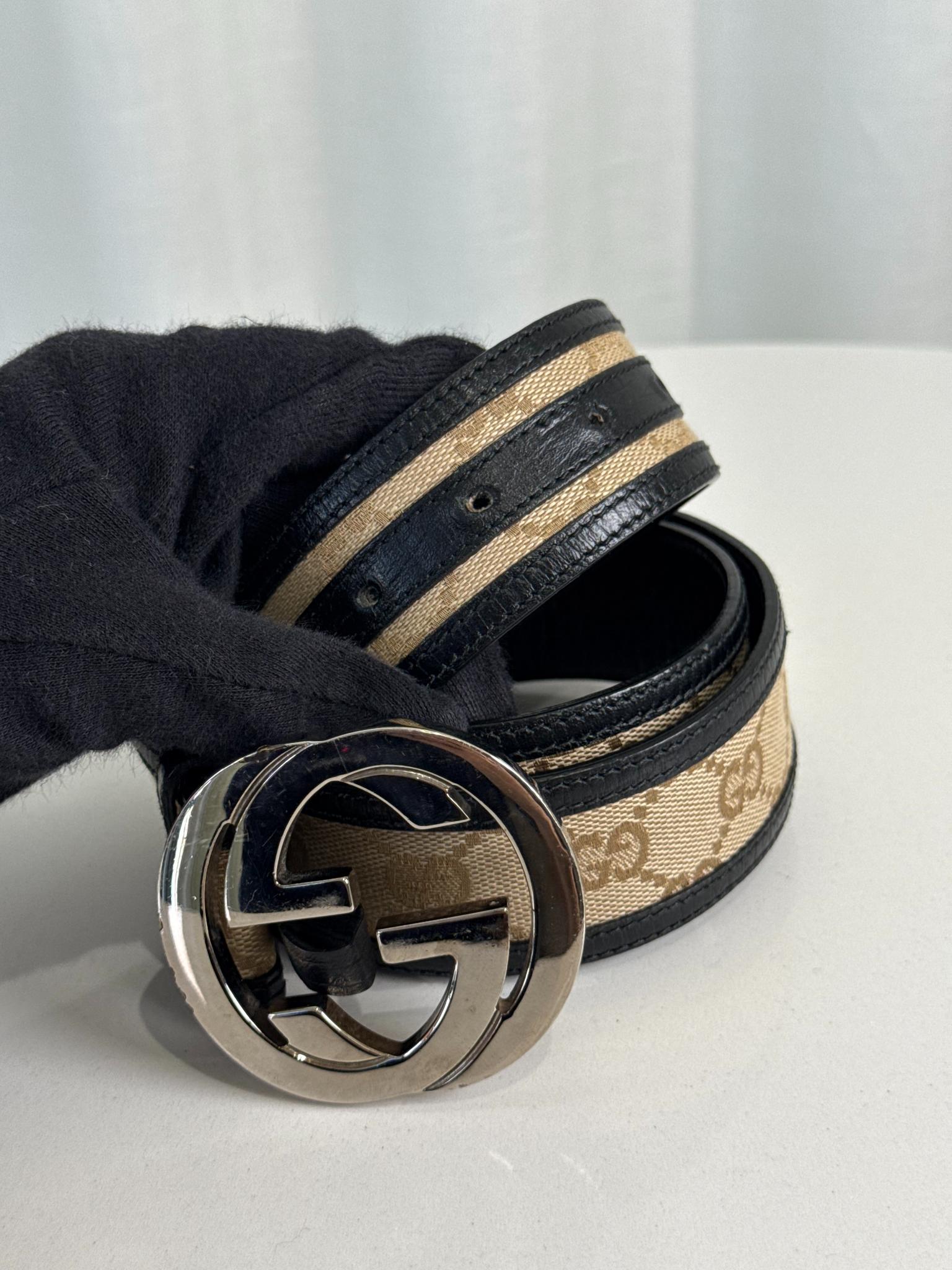 Gucci Brown/Beige GG Canvas and Leather Interlocking G Buckle Belt 95 CM