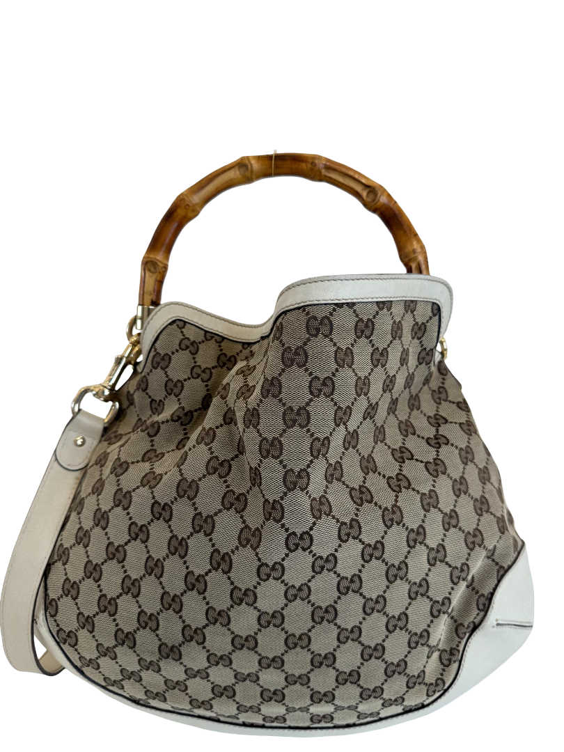 Gucci Beige/White GG Canvas Peggy Bamboo Shoulder Bag