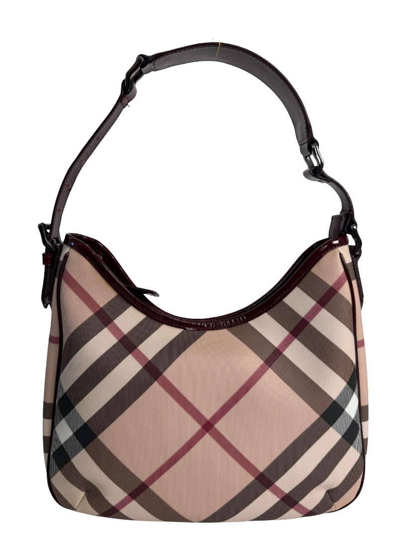Burberry Burgundy Patent Leather Supernova Coated Canvas Barton Hobo Bag