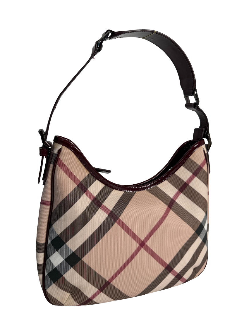 Burberry Burgundy Patent Leather Supernova Coated Canvas Barton Hobo Bag