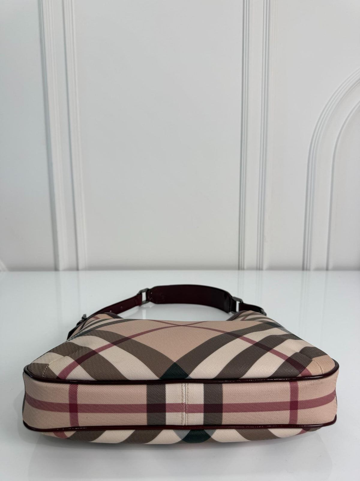 Burberry Burgundy Patent Leather Supernova Coated Canvas Barton Hobo Bag