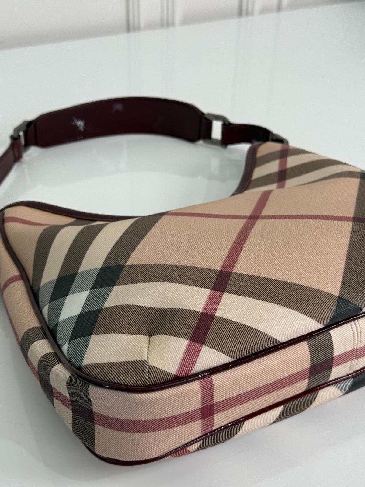 Burberry Burgundy Patent Leather Supernova Coated Canvas Barton Hobo Bag